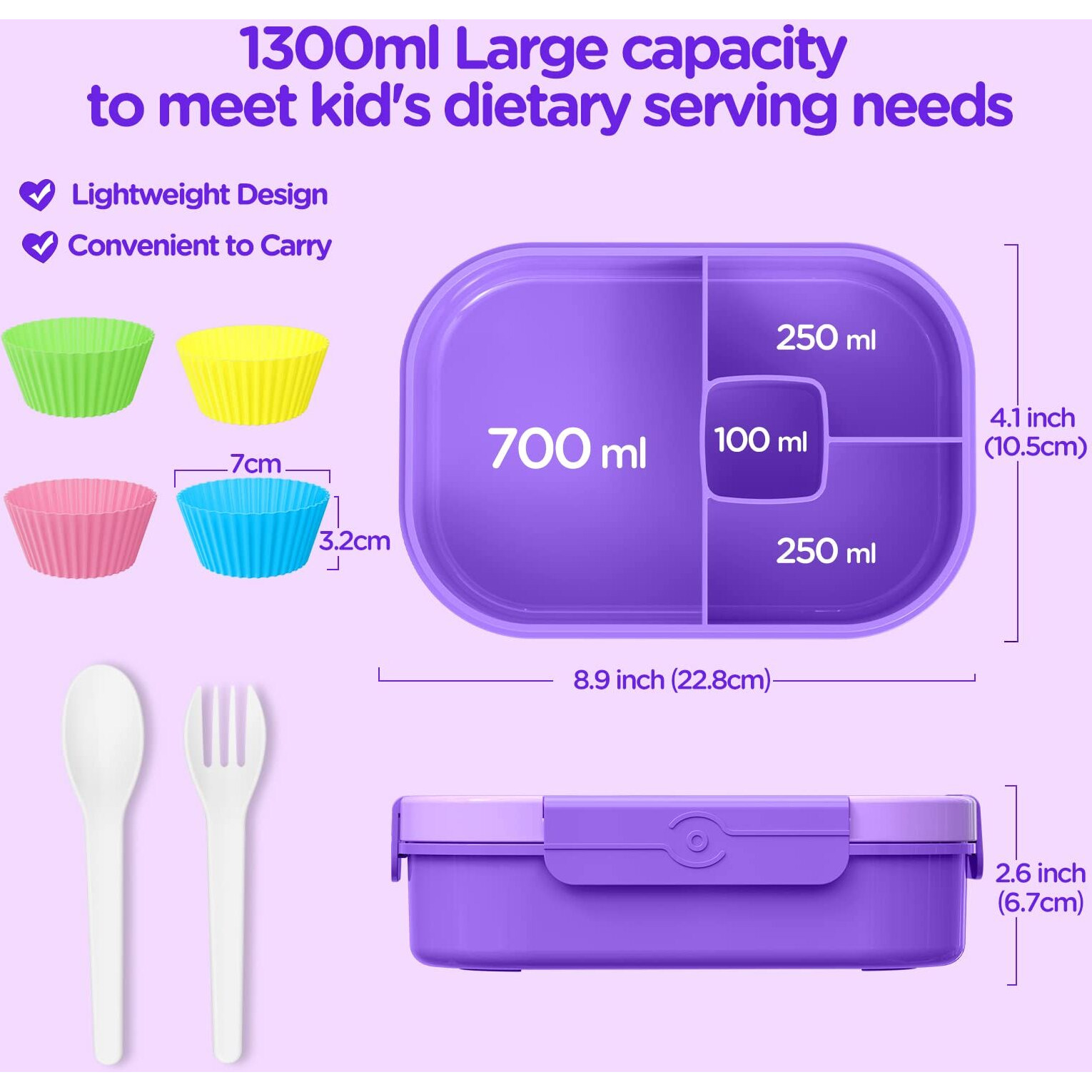 Jelife Lunch Box Kids Bento Box - 1300Ml Large Bento-Style Bento Box Adults Lunch Box, Ideal Leak Proof Bento Lunch Box For Kids School, Bpa Free Lunchbox Containers For Teens Toddlers, Purple