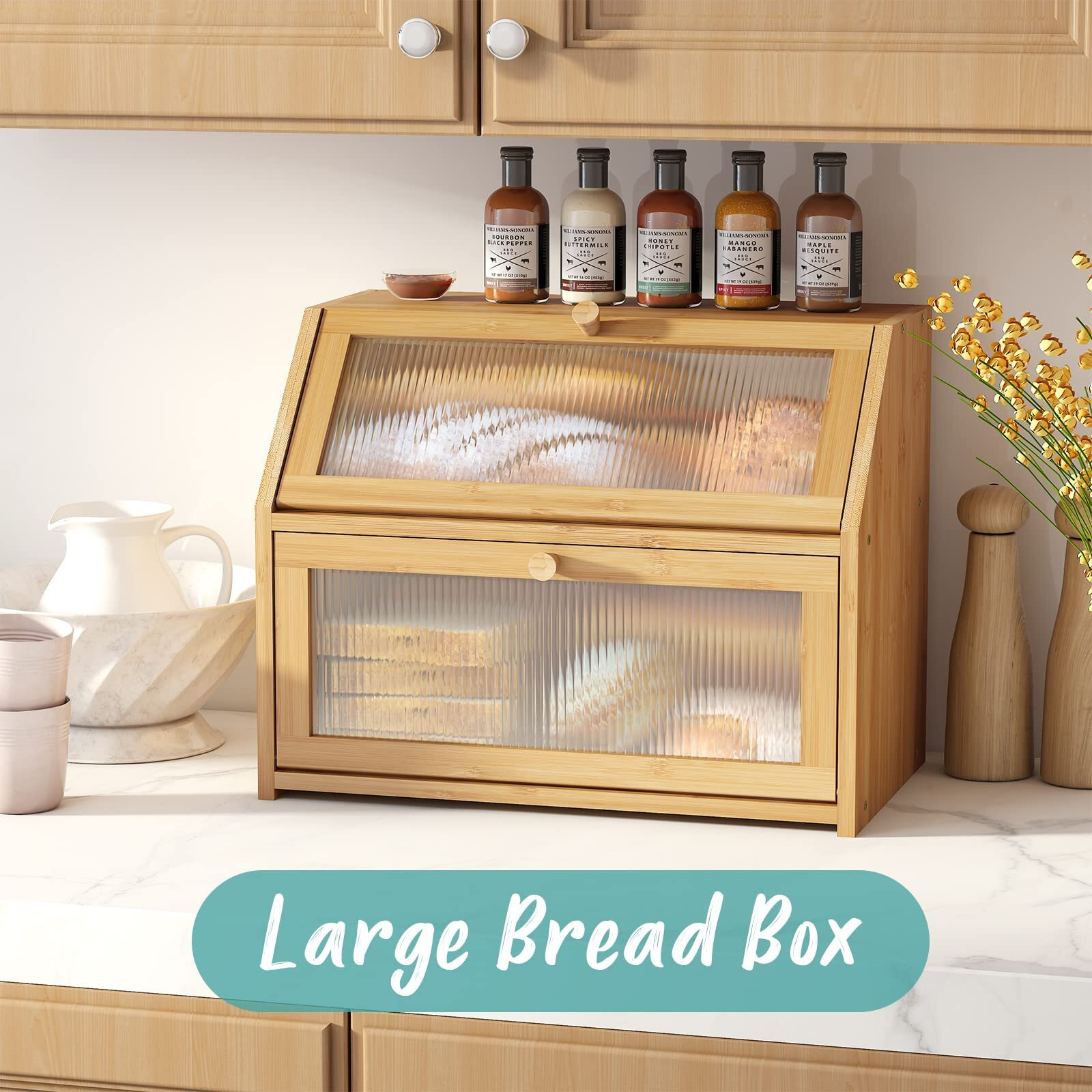Vriccc Large Bread Box For Kitchen Counter,Bamboo Wood Double Layer Bread Box For Kitchen Counter, Wooden Capacity Bread Storage Bin