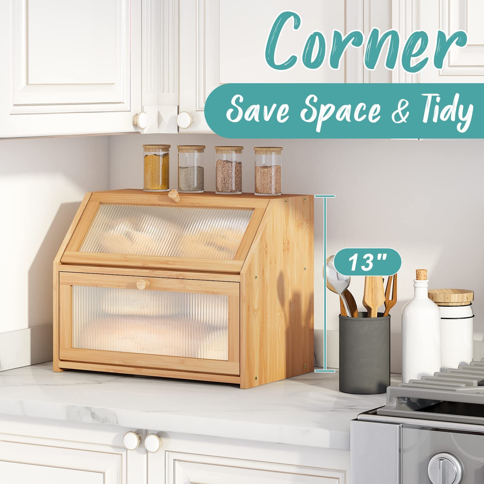 Vriccc Large Bread Box For Kitchen Counter,Bamboo Wood Double Layer Bread Box For Kitchen Counter, Wooden Capacity Bread Storage Bin