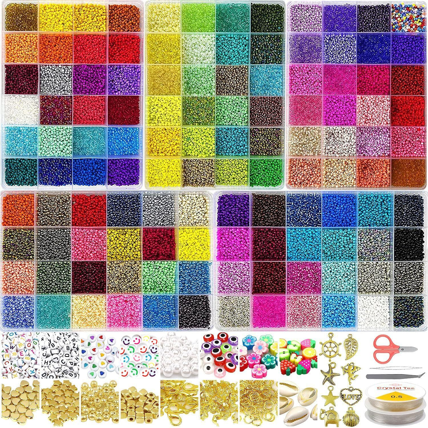 54000Pcs Glass Seed Beads For Jewelry Making Kit, 120 Colors 2Mm Small Beads With Letter Evil Eye Beads Jump Rings & Charms Pendants For Bracelets Making, Diy, Art And Craft
