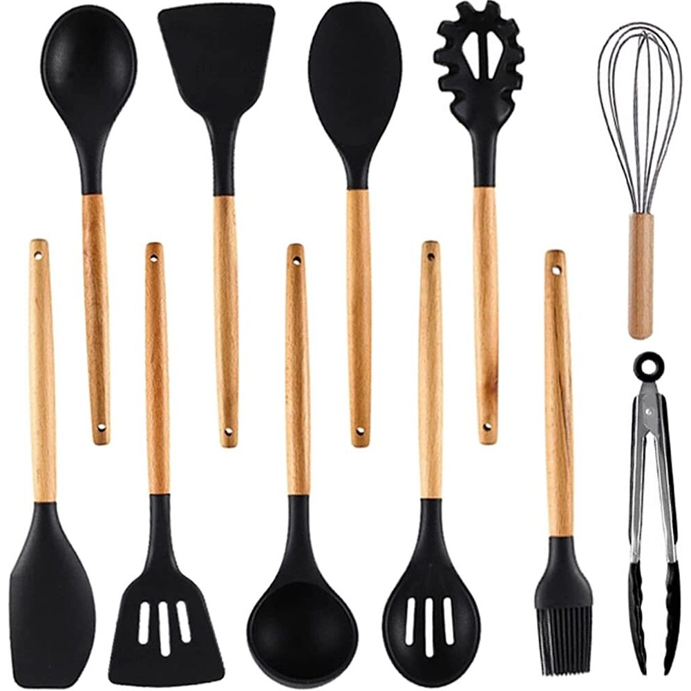 Silicone Cooking Utensils Set, 11 Pcs Black Silicone Cooking Utensils Set, Nonstick & 230C Heat Resistant Cooking Utensils With Wooden Handle, Cooking Utensil Set For Culinary Enthusiast (Black)