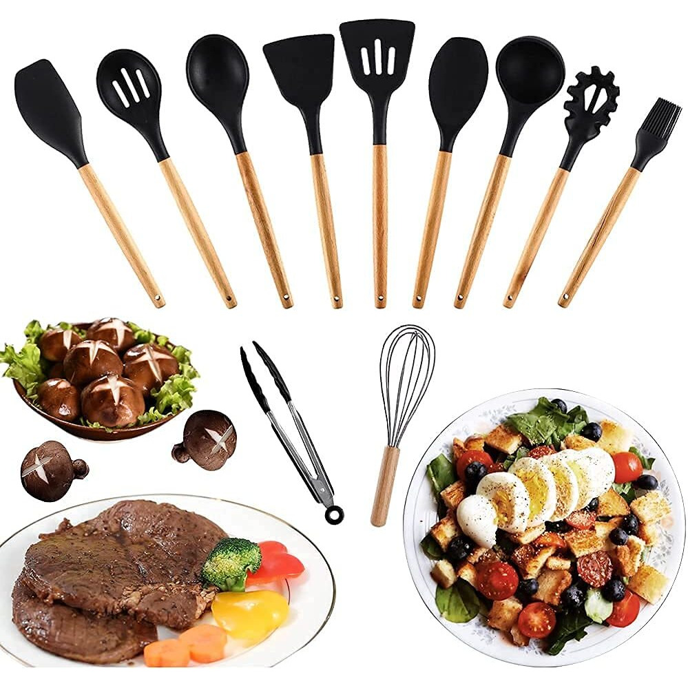 Silicone Cooking Utensils Set, 11 Pcs Black Silicone Cooking Utensils Set, Nonstick & 230C Heat Resistant Cooking Utensils With Wooden Handle, Cooking Utensil Set For Culinary Enthusiast (Black)