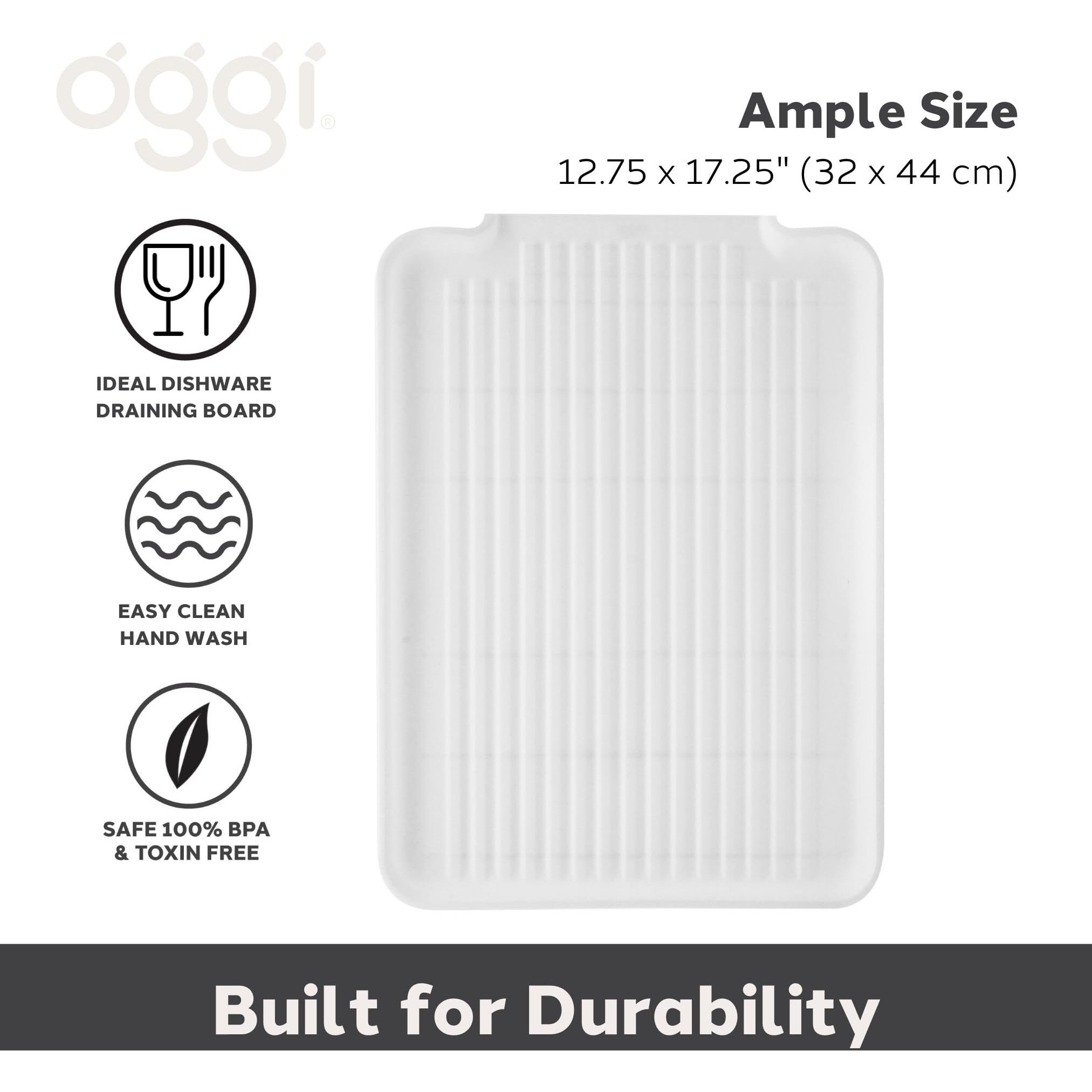 Oggi Dish Drain Board & Drying Rack Tray For Kitchen - Ideal Rigid Drainboard, Dish Drainer Tray, Dish Drain Boards For Kitchen Counter, 12.75 X 17.25"" - White