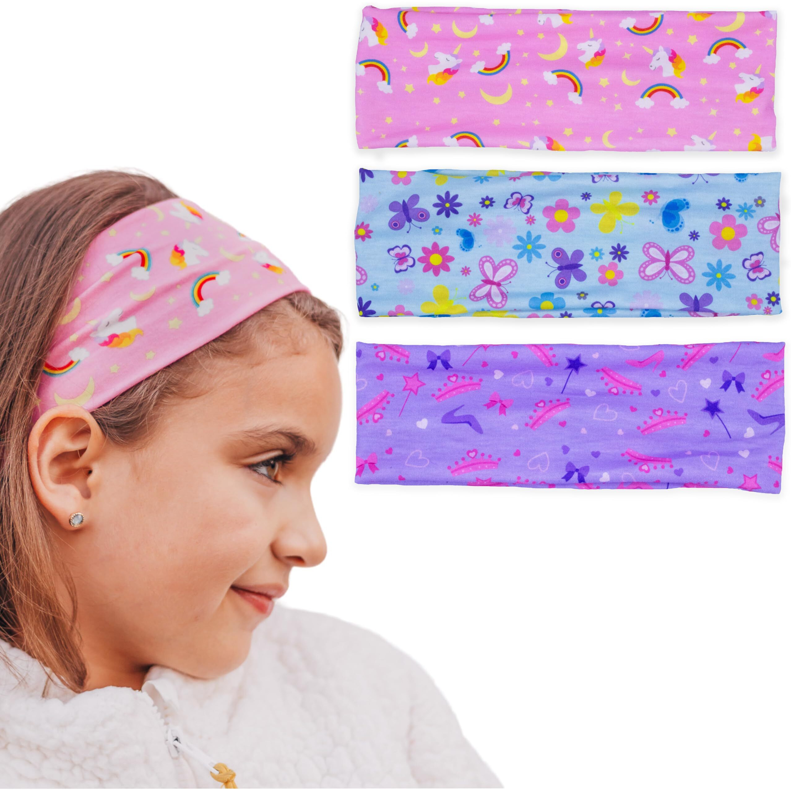 Frog Sac 3 Wide Headbands For Girls, Elastic Hair Bands For Kids, Soft Fabric Stretch Hair Accessories For Children, Cute Sports Yoga Girl Headband (Unicorn/Butterfly/Princess)