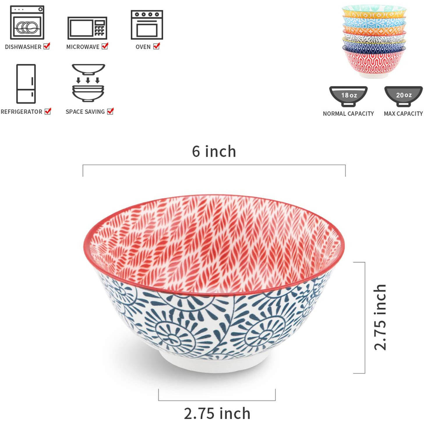 Selamica Porcelain 20Oz Cereal Bowl Set - Set Of 6, 6 Inch Soup Bowls, Ceramic Bowls For Cereal, Soup, Salad And Pasta, Colorful Bowls