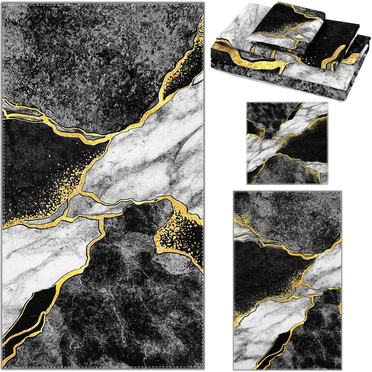 Preboun 3 Pack Black Marble Bathroom Towels Set Gold Line Hand Towels Black Bath Towels Gold Crack Dish Towels Absorbent Fingertip Towel For Bathroom Kitchen Hotel Beach Gym Spa