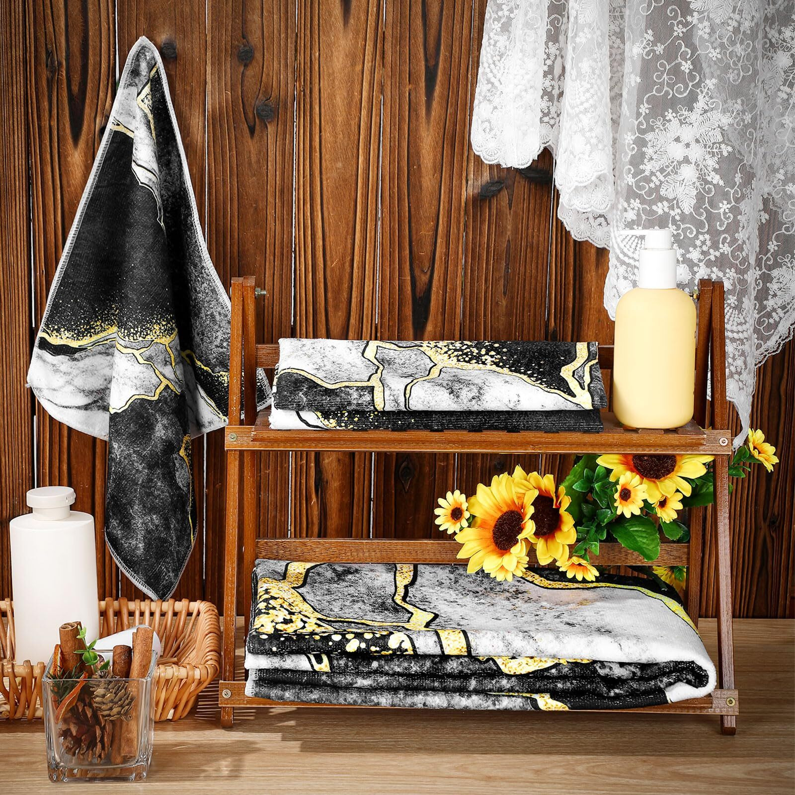 Preboun 3 Pack Black Marble Bathroom Towels Set Gold Line Hand Towels Black Bath Towels Gold Crack Dish Towels Absorbent Fingertip Towel For Bathroom Kitchen Hotel Beach Gym Spa