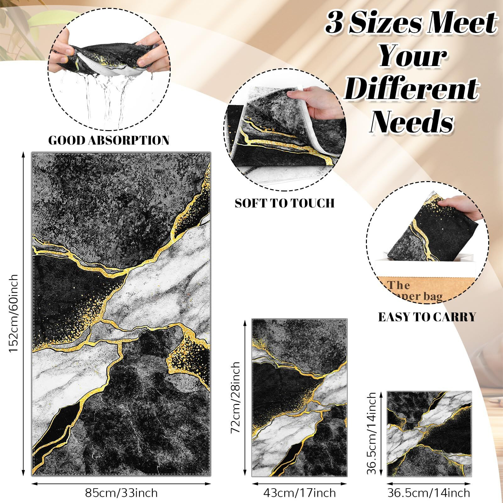 Preboun 3 Pack Black Marble Bathroom Towels Set Gold Line Hand Towels Black Bath Towels Gold Crack Dish Towels Absorbent Fingertip Towel For Bathroom Kitchen Hotel Beach Gym Spa