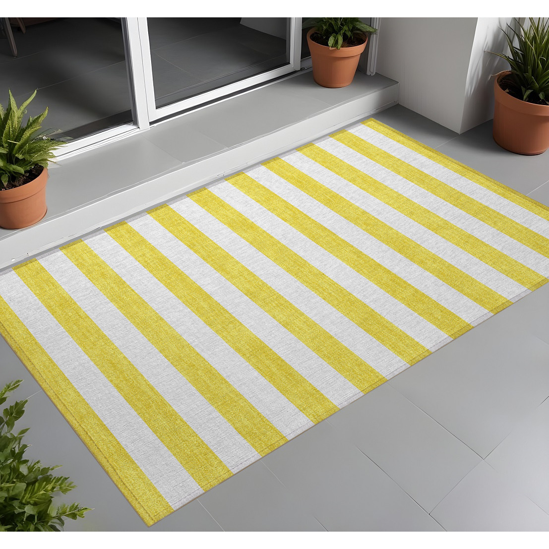 2' X 3' Yellow And White Striped Washable Non Skid Indoor Outdoor Area Rug