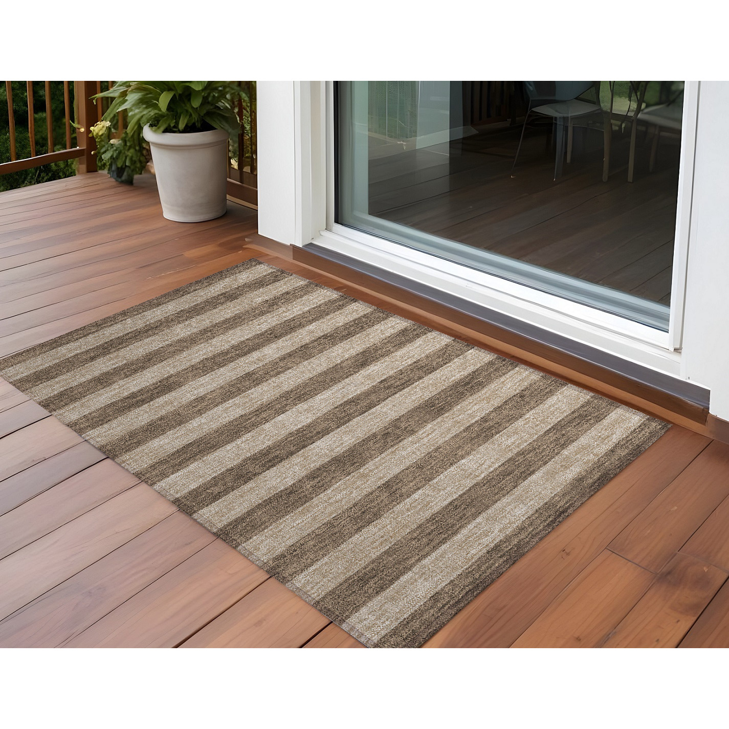 2' X 3' Coffee Striped Washable Non Skid Indoor Outdoor Area Rug