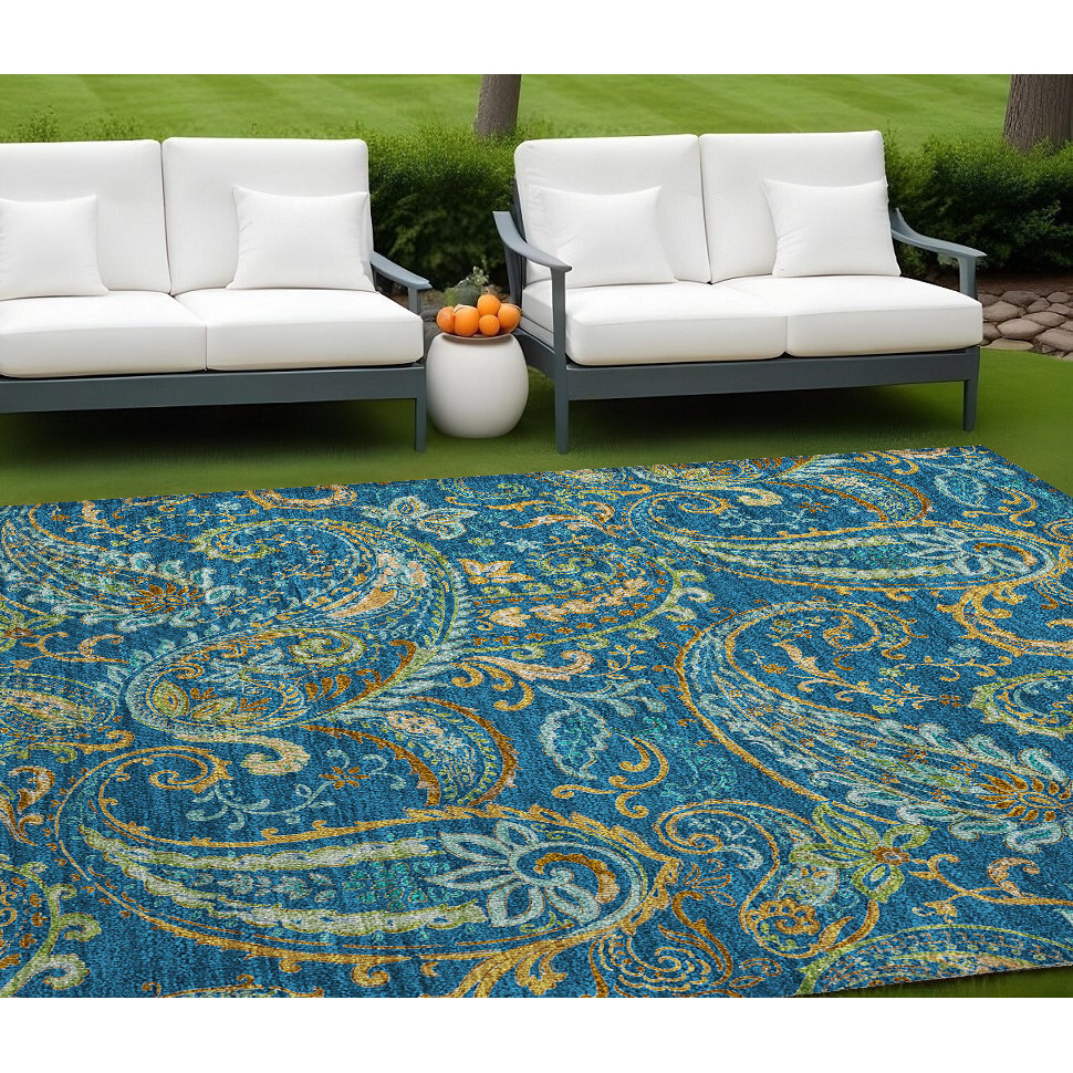 9' X 12' Navy Blue Paisley Washable Non Skid Indoor Outdoor Area Rug