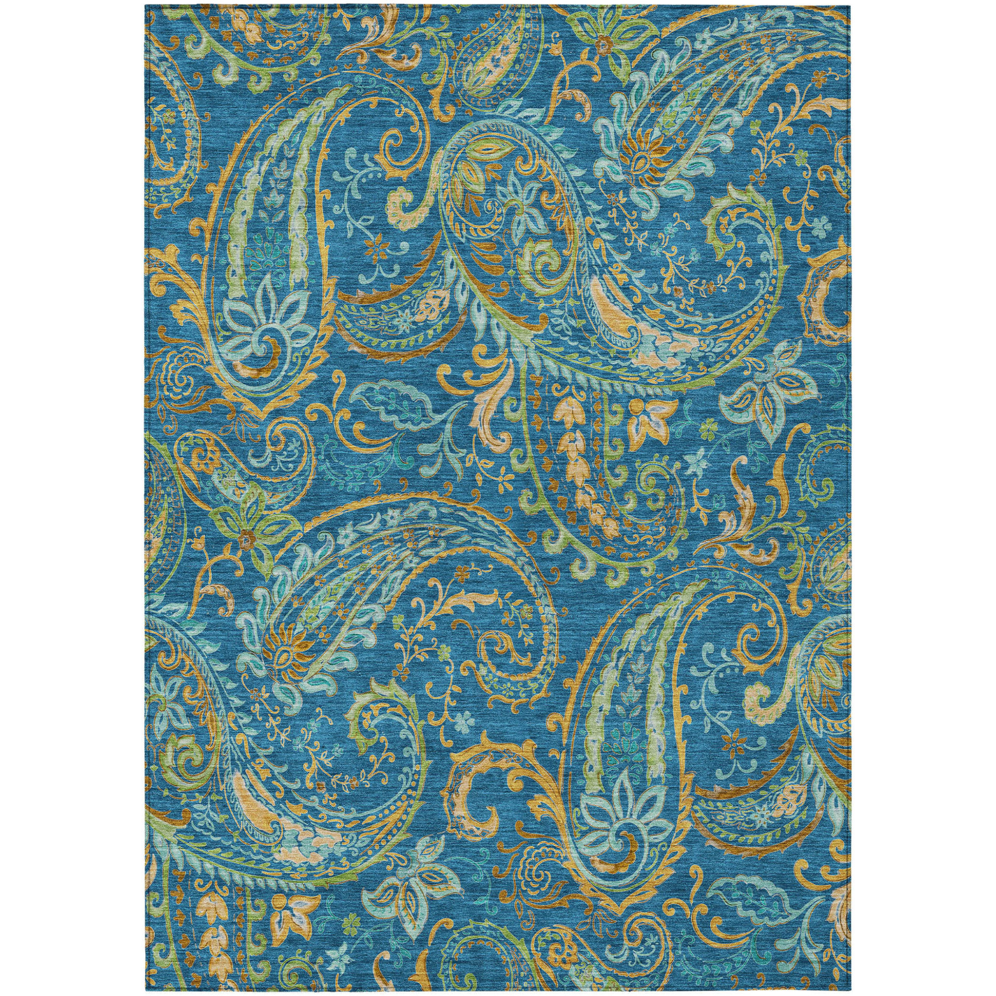 9' X 12' Navy Blue Paisley Washable Non Skid Indoor Outdoor Area Rug