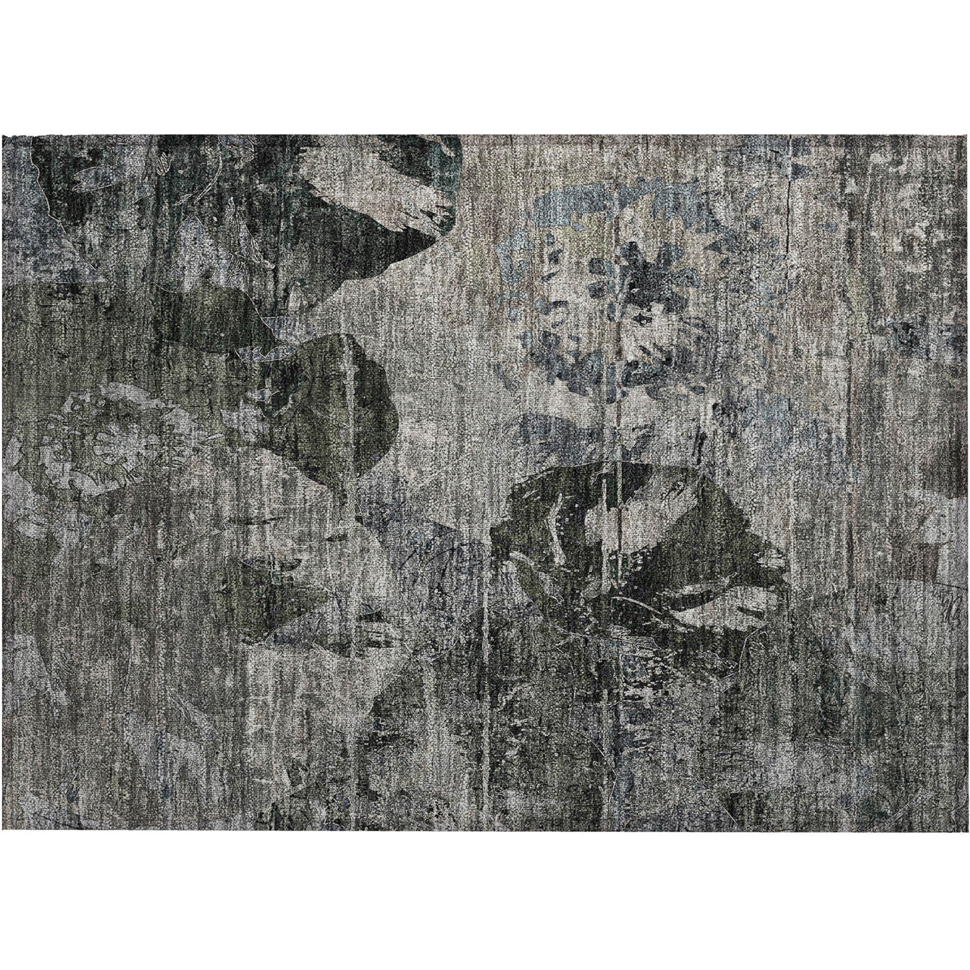 2' X 3' Gray Dark Green And Black Floral Washable Non Skid Indoor Outdoor Area Rug