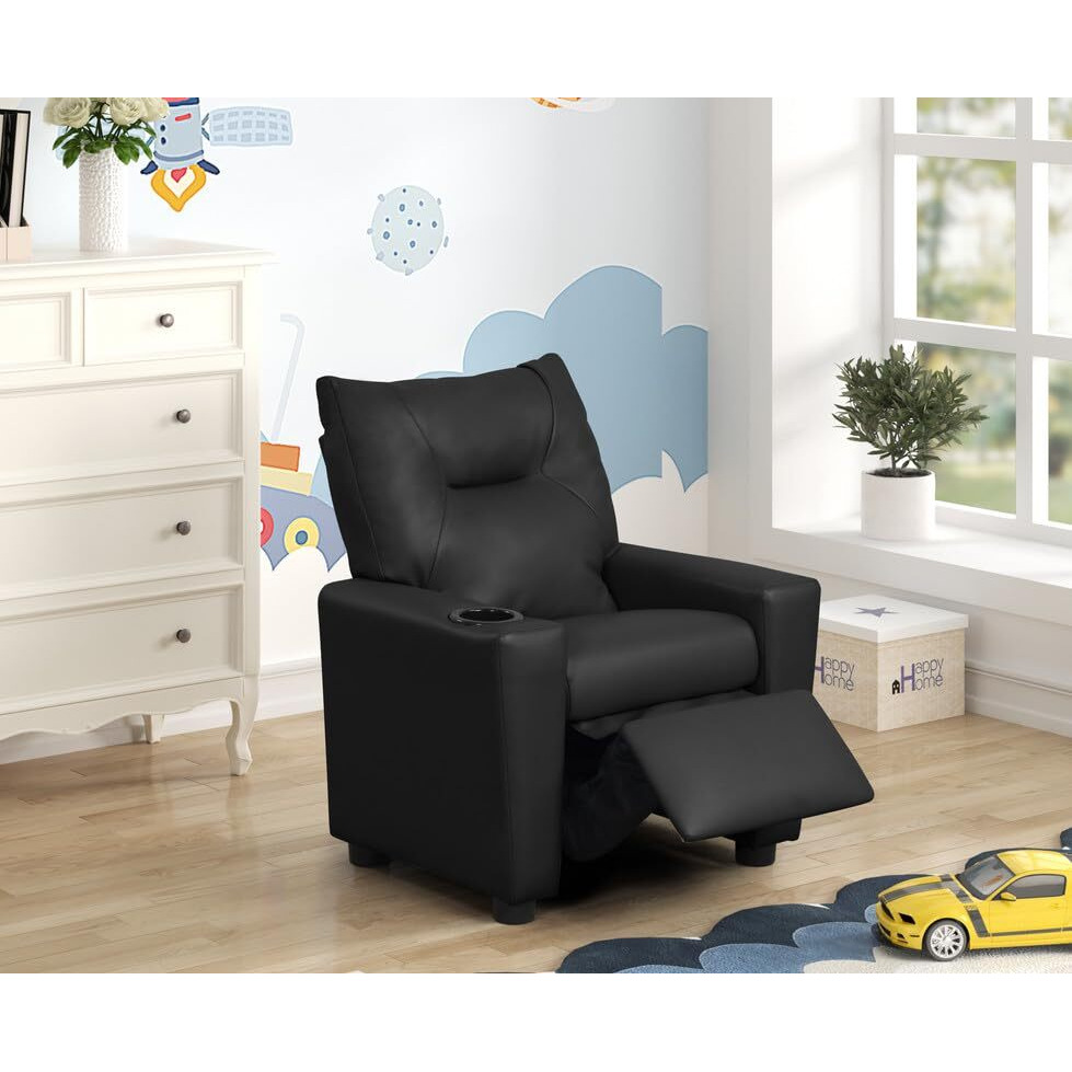 Perline 23"&quotW Black Pvc Fabric Kids Recliner Chair With Cupholder