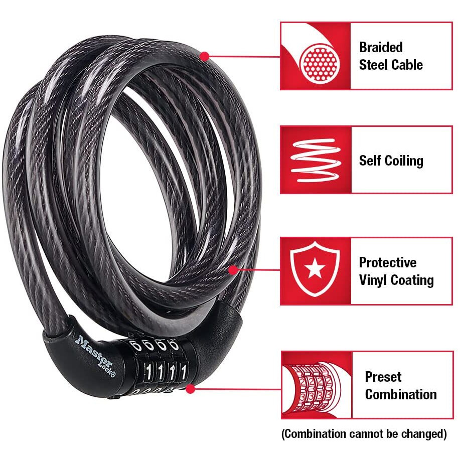 Master Lock Black Set Preset Combination Bike Lock, Metal Cable Lock Has A Weather Resistant Vinyl Coating For Outdoor Equipment, Bicycles, 4 Feet Long, Pack Of 2, 8143T