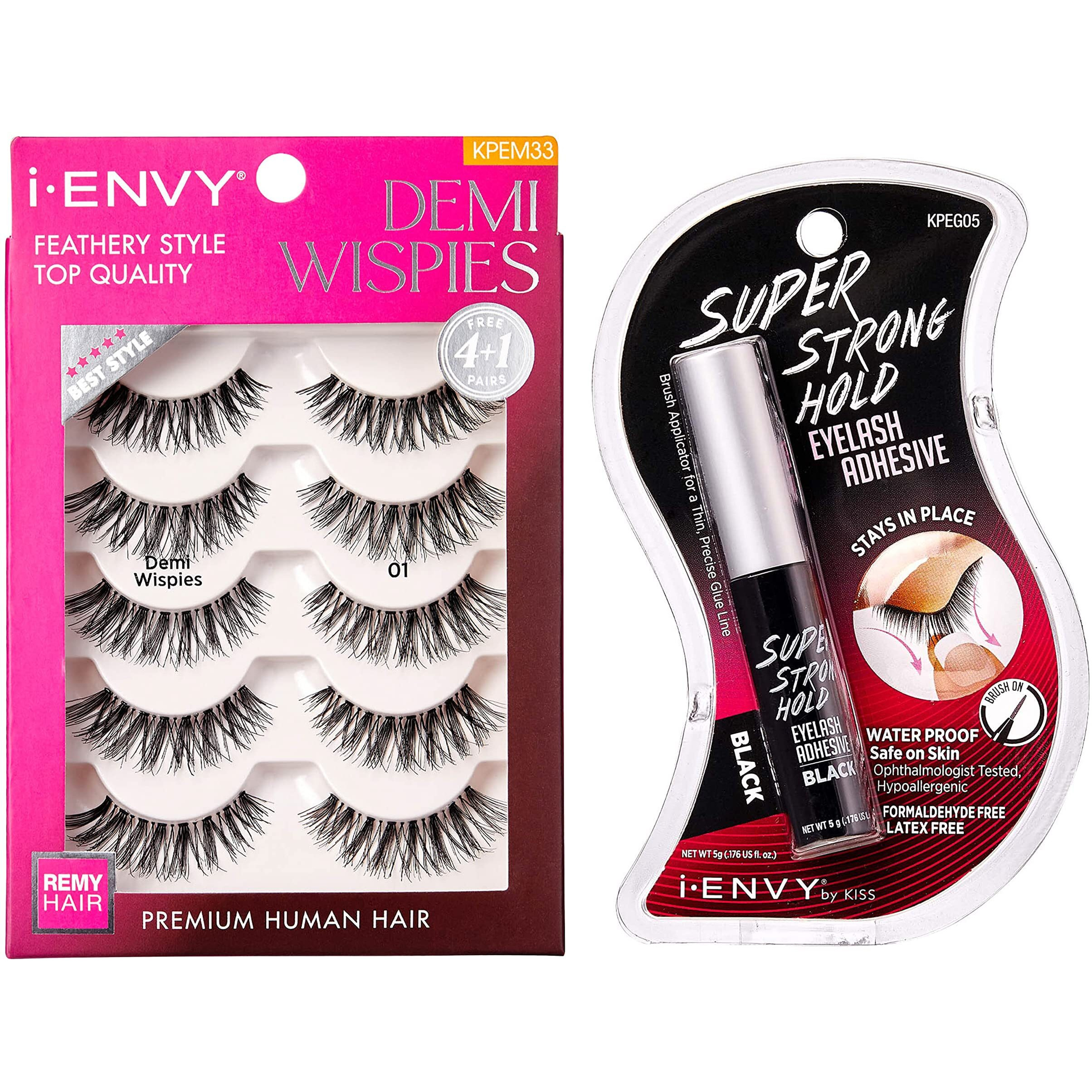 I-Envy False Eyelashes And Lash Adhesive Set Demi Wispies Natural Lashes 5 Pairs Fake Eye Lashes (Clear)
