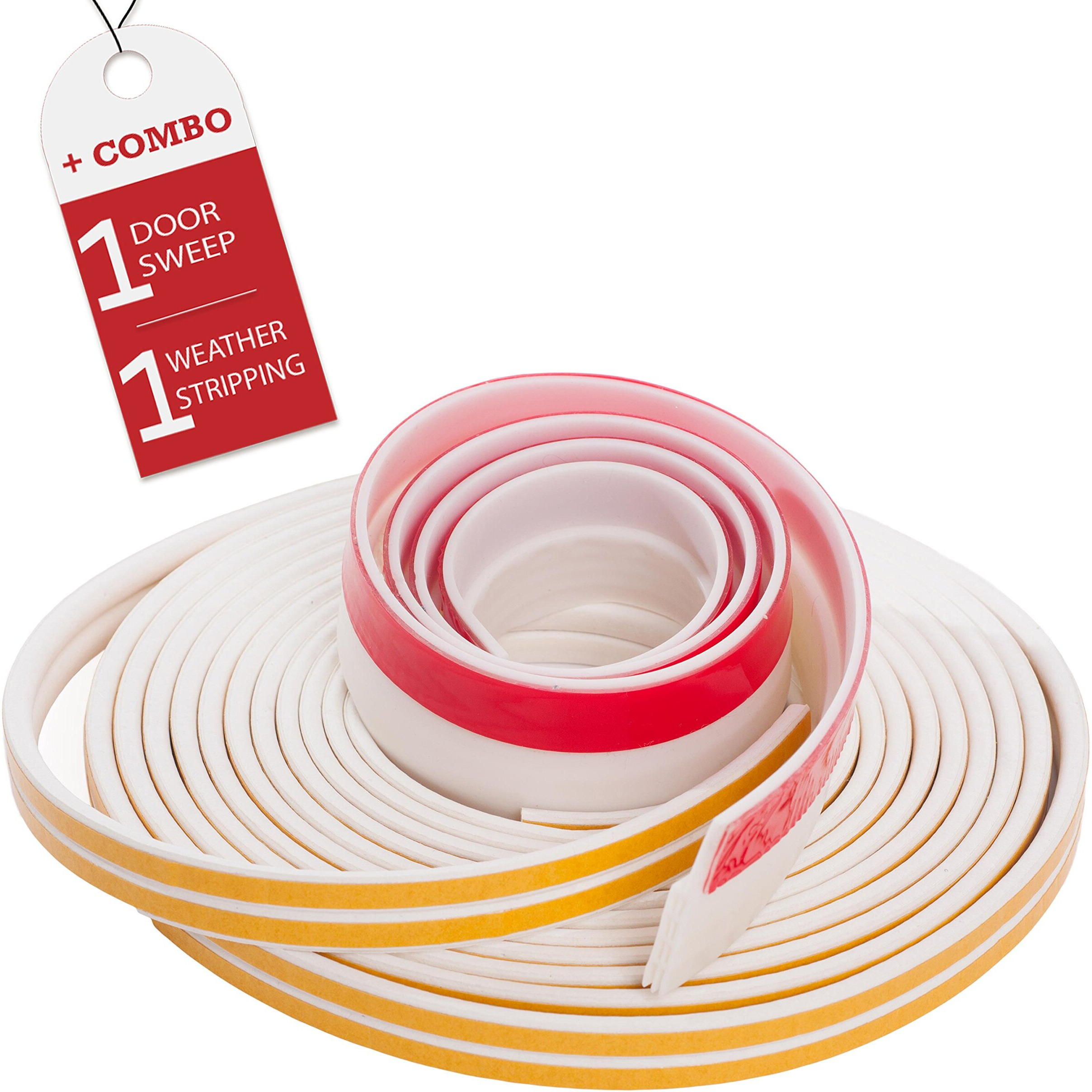 Soundproof Weather Stripping Door Kit - White - Fully Seal 360 With 39Ft Self Adhesive Weatherstrips & 43.3    Door Sweep - Wind, Dust, Draft & Insect Proof