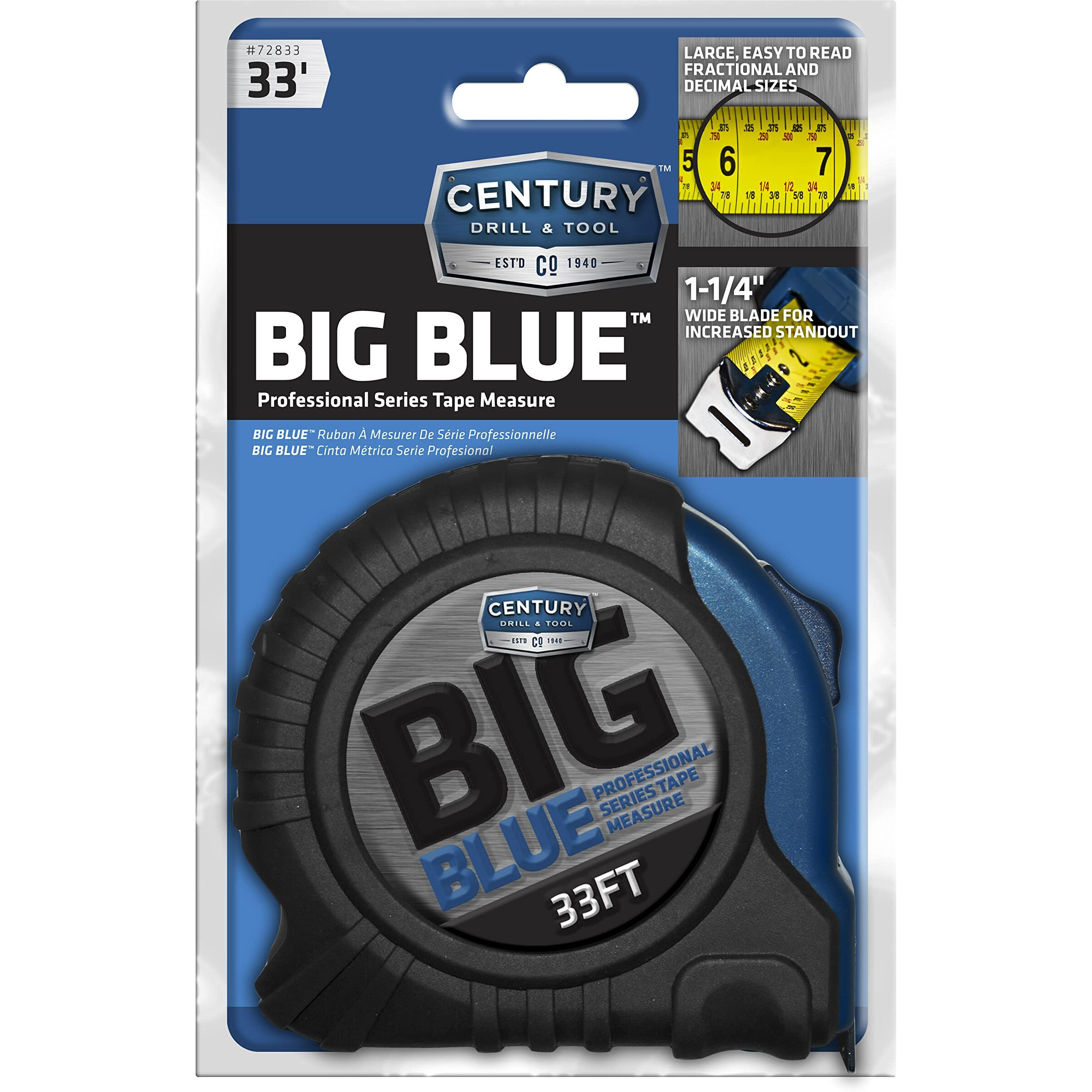 Century Drill & Tool's Big Blue Tape Measure - 33-Foot, Durable And Accurate Measuring Tape With Magnetic Tip For Easy Use, Perfect For Diy And Professional Projects