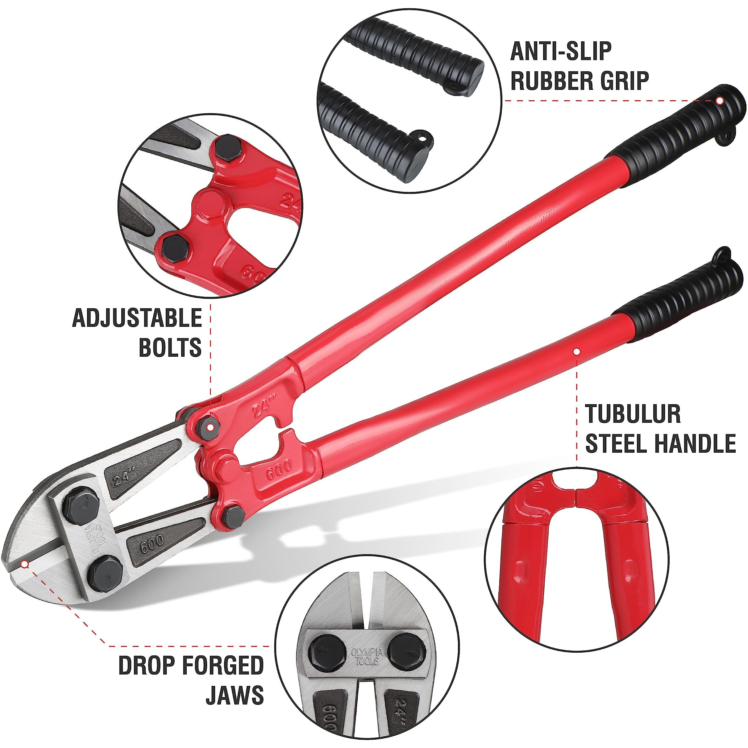 Olympia Tools 24"" Heavy Duty Bolt Cutter With Drop Forged Alloy Steel And Ergonomic Grip Rubber Handles For For Cutting Fence, Steel Wire, Chain, Screws, Rivet