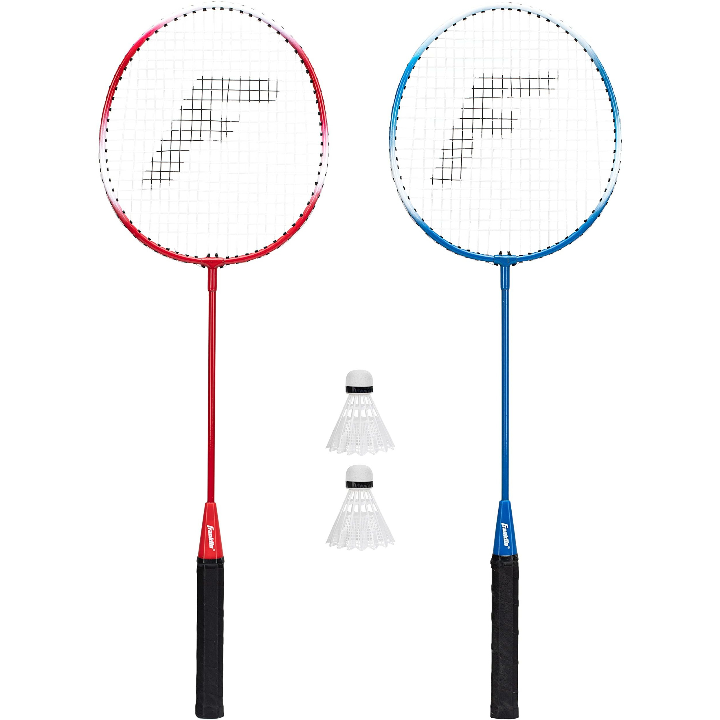 Franklin Sports Badminton Racket + Birdie Set - Replacement Badminton Equipment For Kids + Adults - 2 Player Badminton Racket Set, Red/ White/ Blue