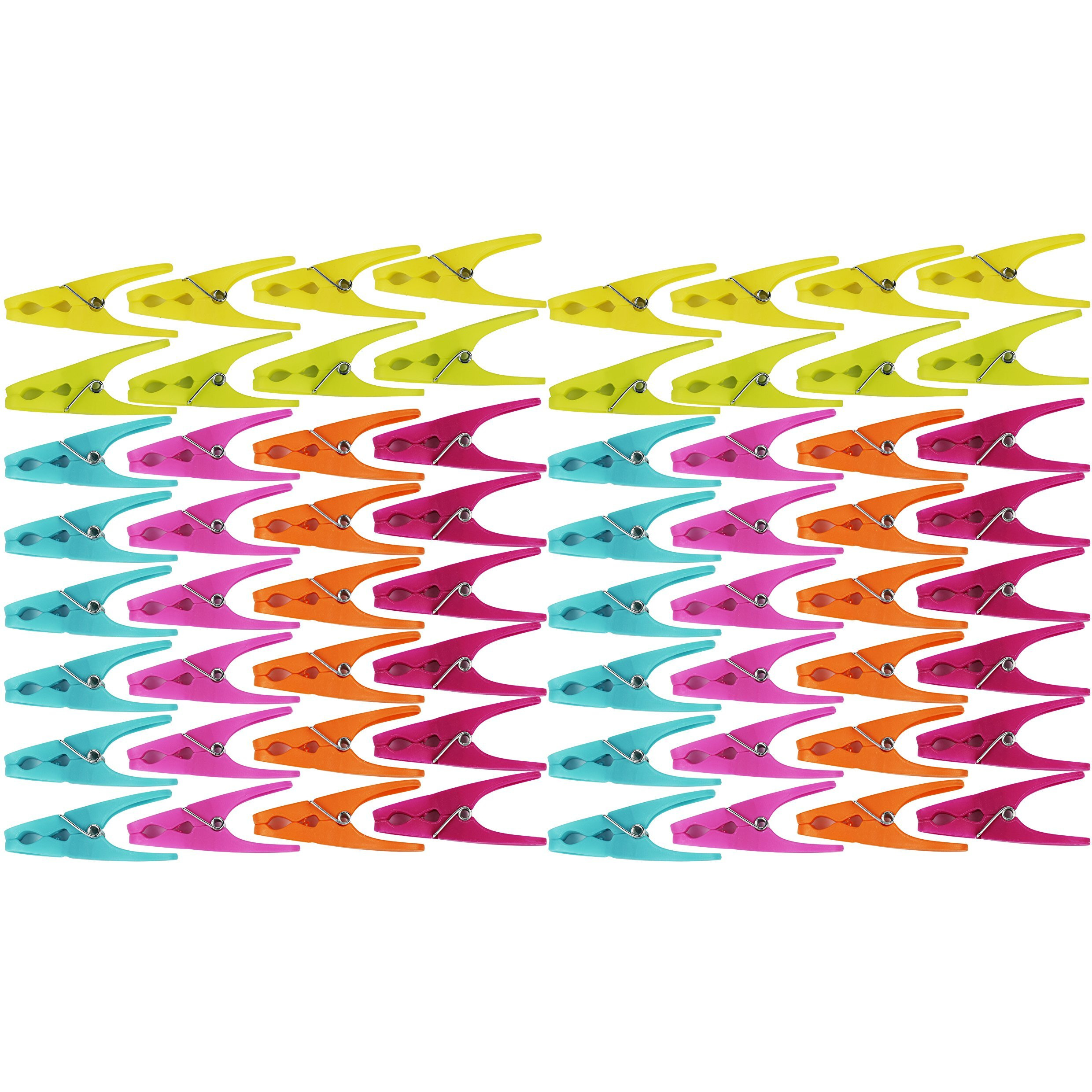 64 Plastic Clothespins W/ 6 Bright Colors - Clothes Pin, Laundry, Bag Clip, Chip Clip, Sealer, Ect.
