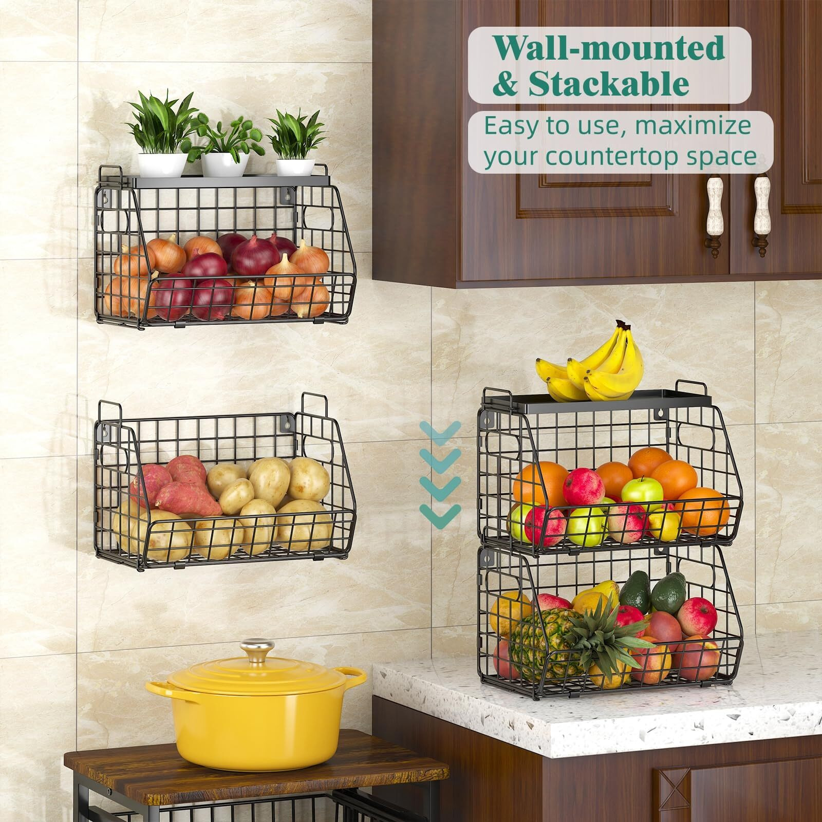 Chloryard 3-Tier Stackable Fruit Basket Kitchen Potato Onion Storage Wire Baskets With Tray Top, Wall-Mounted & Countertop Tiered Pantry Organizer For Snack, Fruit And Vegeatble Storage