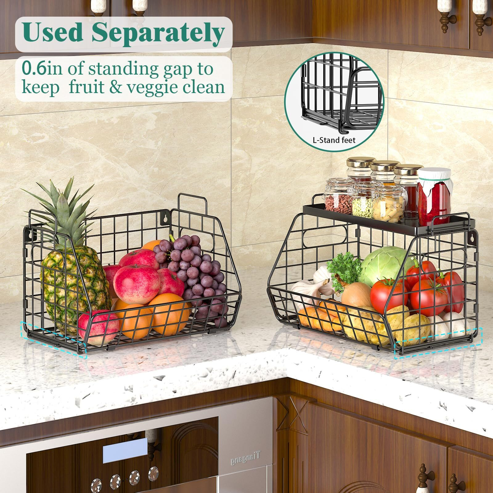 Chloryard 3-Tier Stackable Fruit Basket Kitchen Potato Onion Storage Wire Baskets With Tray Top, Wall-Mounted & Countertop Tiered Pantry Organizer For Snack, Fruit And Vegeatble Storage