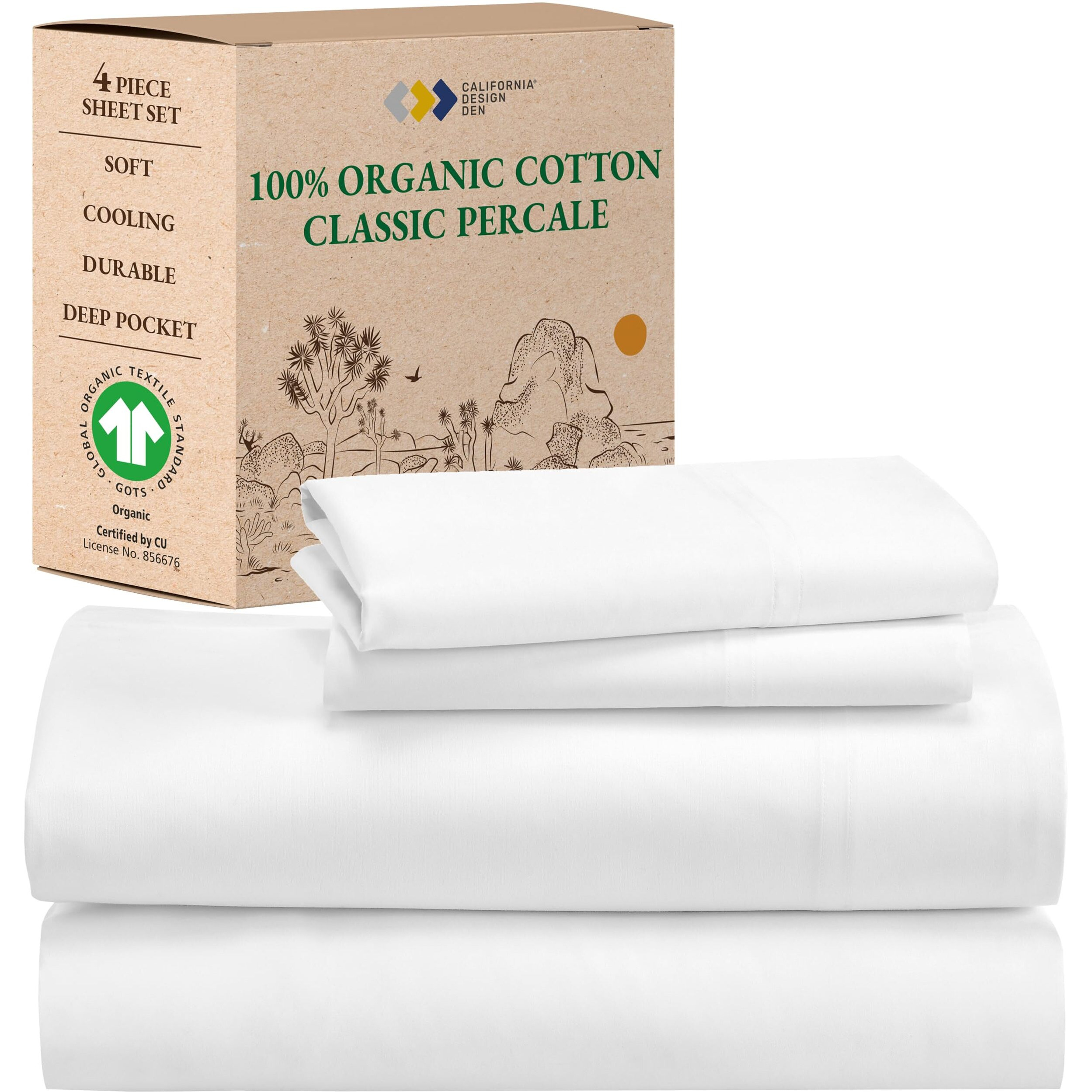 California Design Den 100% Organic Cotton Sheets For Queen Size Bed, Deep Pockets, Percale Sheets Queen, Gots Certified, Soft Cooling Sheets, 4 Piece Bed Sheets Queen Sheet Set, White Sheets