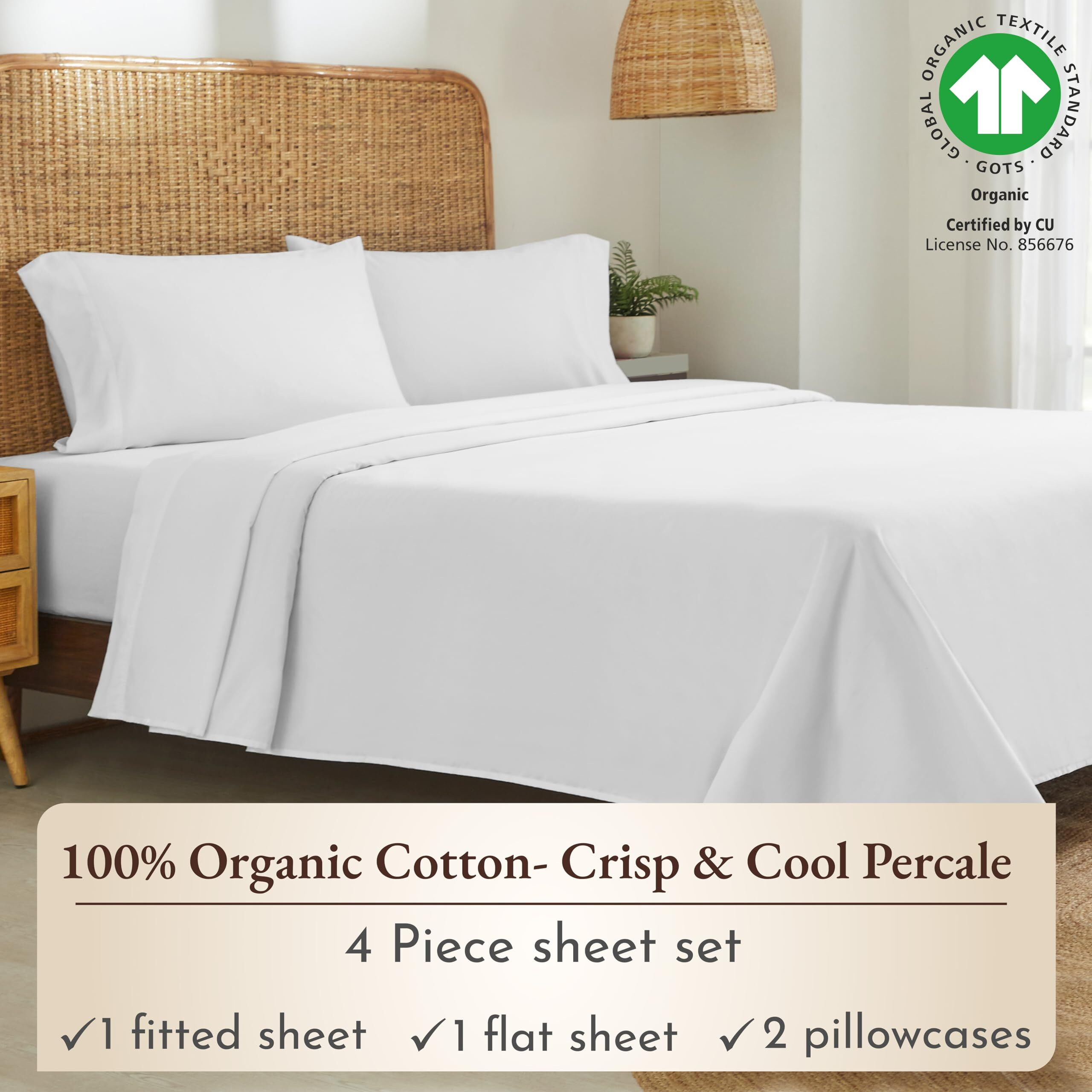 California Design Den 100% Organic Cotton Sheets For Queen Size Bed, Deep Pockets, Percale Sheets Queen, Gots Certified, Soft Cooling Sheets, 4 Piece Bed Sheets Queen Sheet Set, White Sheets