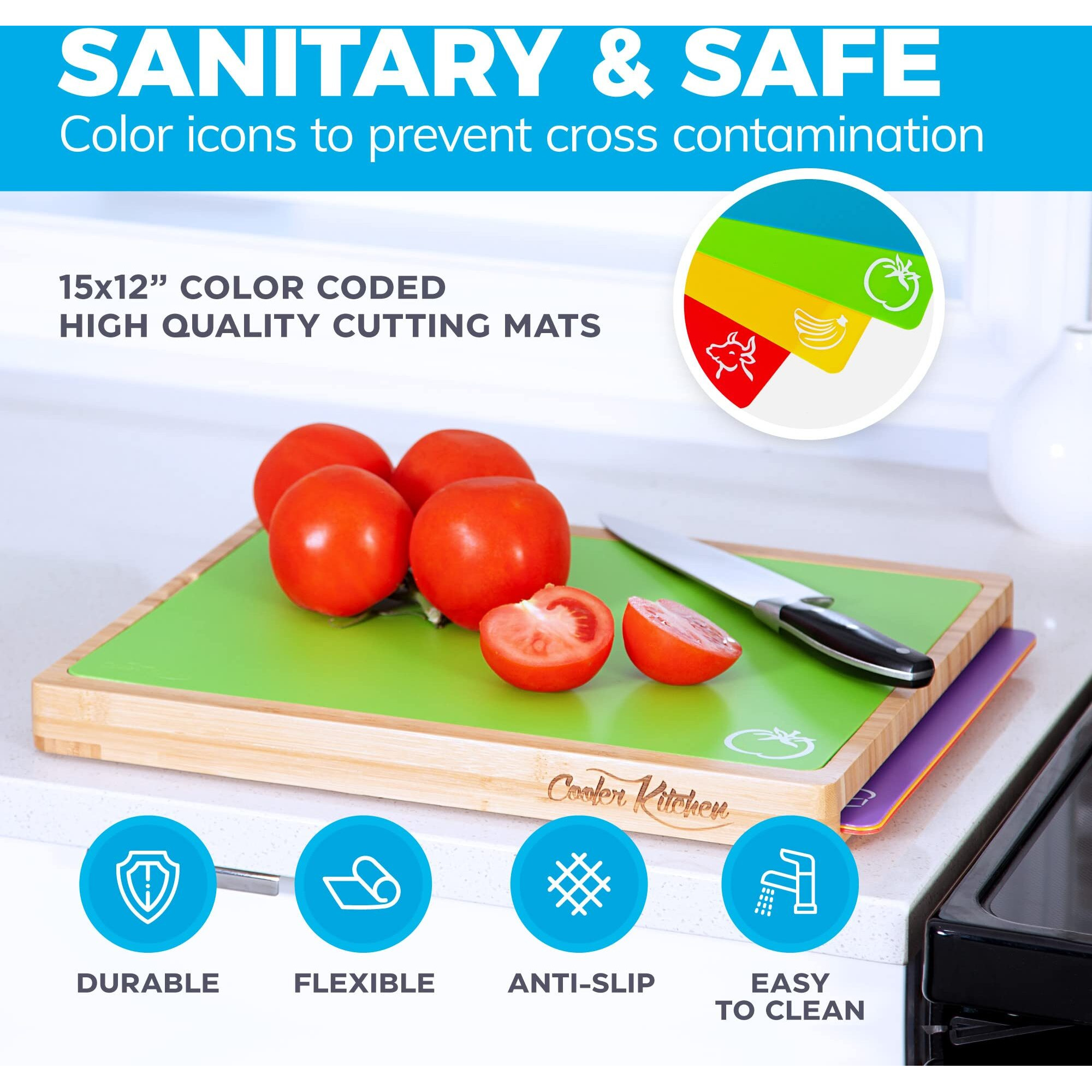 Bamboo Cutting Board Set - Easy-To-Clean Wood Cutting Board Set With 6 Color-Coded Flexible Plastic Cutting Boards With Food Icons - Wooden Cutting Boards For Kitchen - Wooden Chopping Board Set
