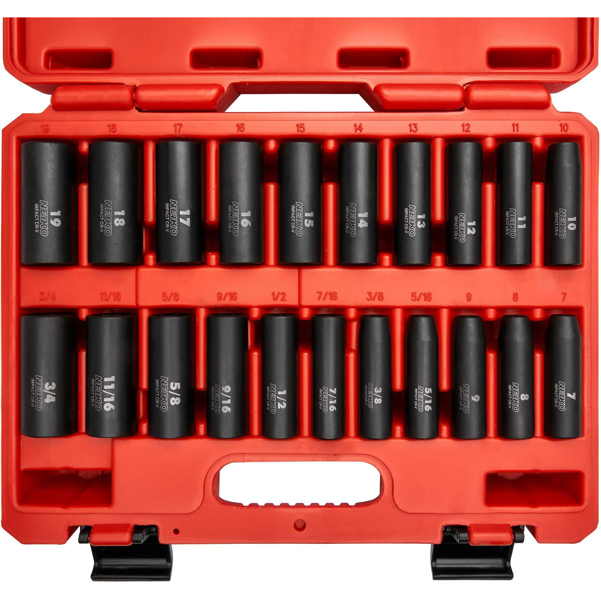 Neiko 02431A 3/8    Drive Sae And Metric Deep Impact Socket Set | 21 Pieces | Sae 5/16    To 3/4    | Metric 7Mm To 19Mm | Premium Cr-V Steel | 6-Point Hex Design | Corrosion Resistant Coating