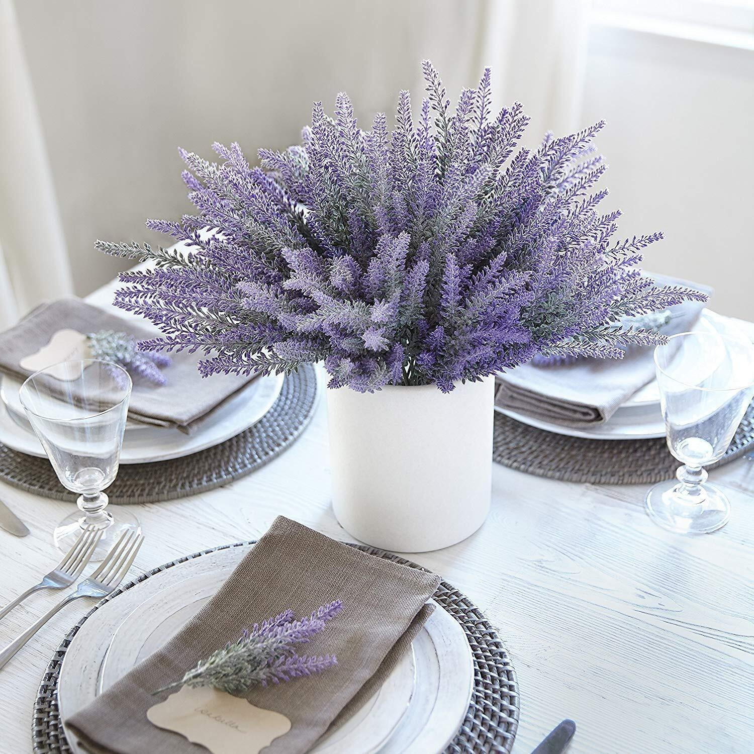 Zwyoqi 8 Bundles Artificial Flowers Fake Lavender Plant Artificial Lavender Bouquet Faux Flocked Plastic Flowers Wedding Bridle Bouquet Indoor Outdoor Home Kitchen Office D  Cor (Purple Lavender/8Pcs)