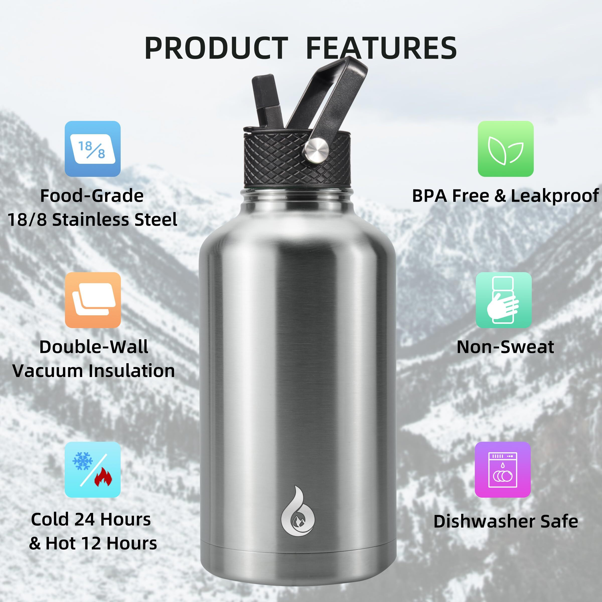 Bjpkpk Half Gallon Insulated Water Bottles With Straw Lid,64Oz Large Water Bottle,Stainless Steel Water Bottles With 3 Lids And Paracord Handle, Water Bottle For Hot & Cold Liquid, Stainless Steel