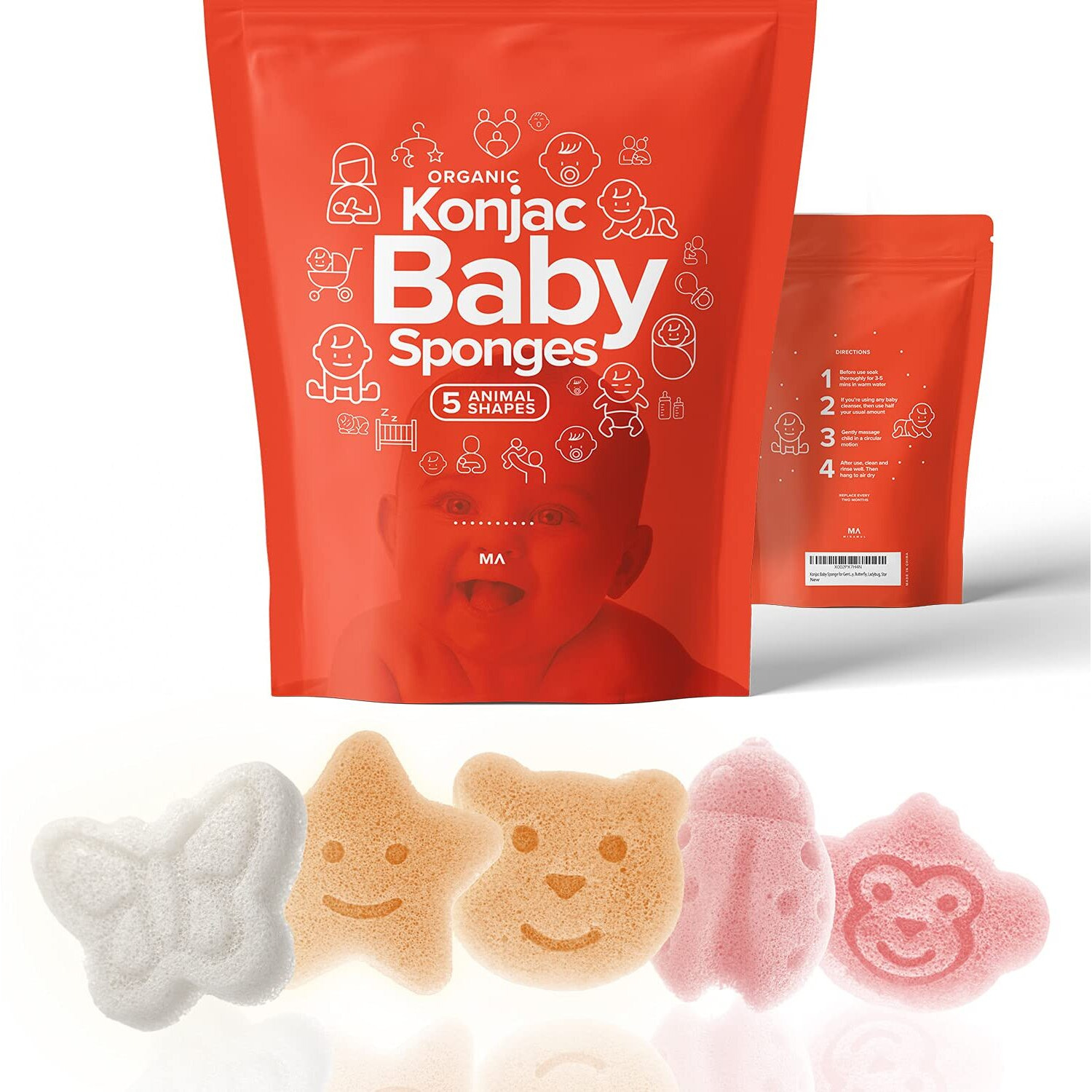 Konjac Baby Sponge For Bathing | Natural Cute Shapes | Kids Bath Sponges For Infants | Toddler Bath Time | Safe Organic Plant-Based | 5Pcs Set  Bear, Monkey, Butterfly, Ladybug, Star