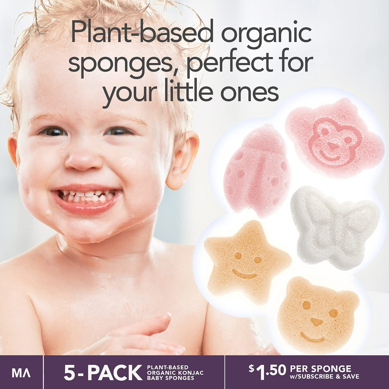 Konjac Baby Sponge For Bathing | Natural Cute Shapes | Kids Bath Sponges For Infants | Toddler Bath Time | Safe Organic Plant-Based | 5Pcs Set  Bear, Monkey, Butterfly, Ladybug, Star