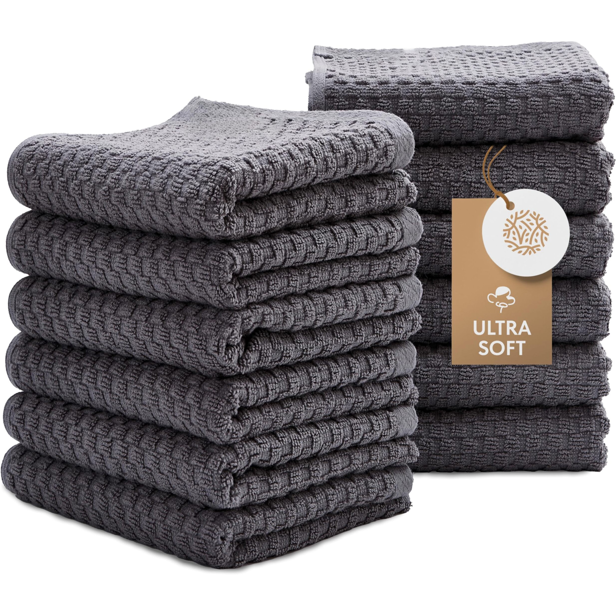 Super Absorbent Kitchen Towels 12 Pack - Premium 100% Cotton Kitchen Towels, 450Gsm Thick Machine Washable Gray Dish Towels For Kitchen Drying, Cleaning, Dobby Weave, Unmatched Quality