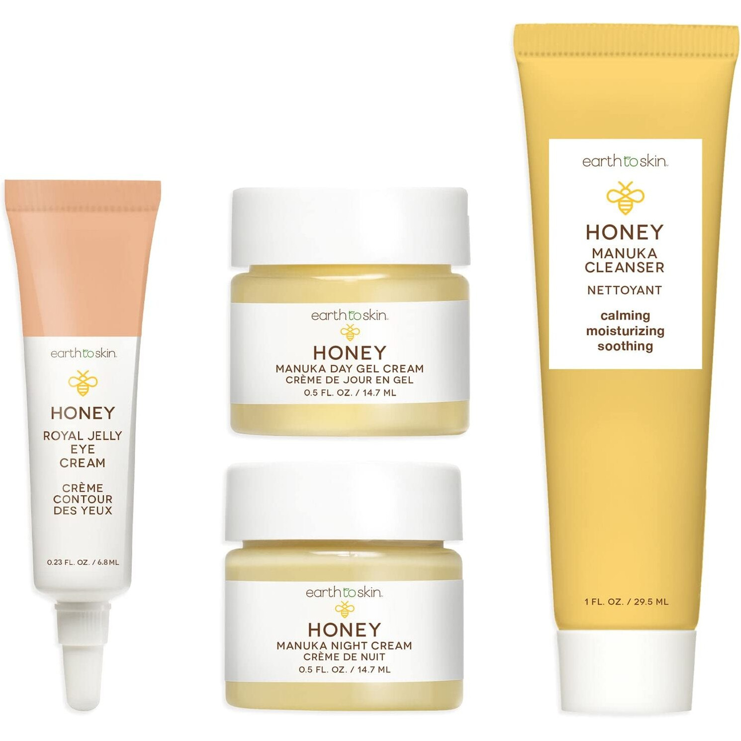Earth To Skin Facial Care Starter Set Manuka Honey Cleanser (1.0 Fl Oz), Day Gel Cream (0.5 Fl Oz), Night Cream (0.5 Fl Oz), And Royel Jelly Eye Cream (0.23 Fl Oz)