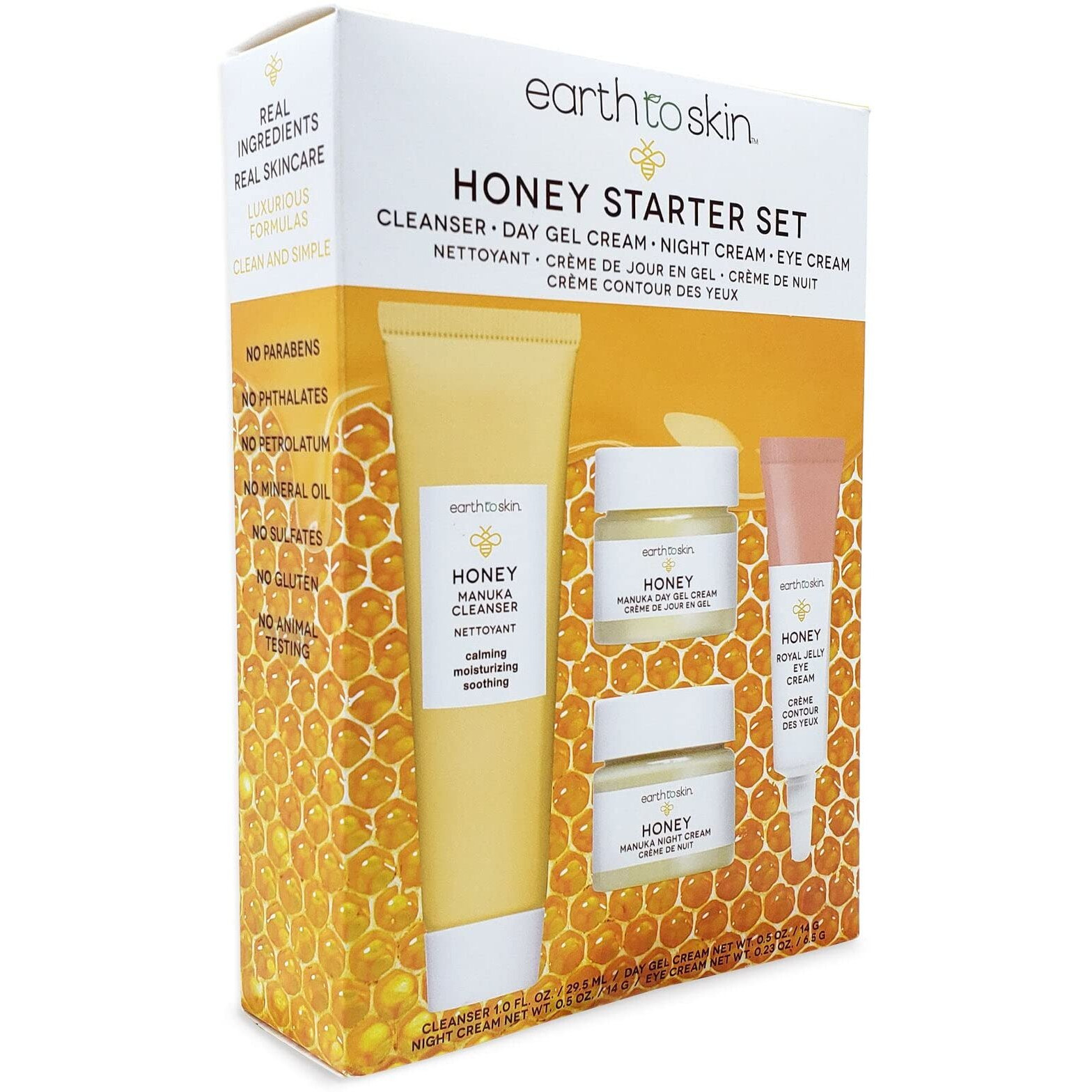Earth To Skin Facial Care Starter Set Manuka Honey Cleanser (1.0 Fl Oz), Day Gel Cream (0.5 Fl Oz), Night Cream (0.5 Fl Oz), And Royel Jelly Eye Cream (0.23 Fl Oz)