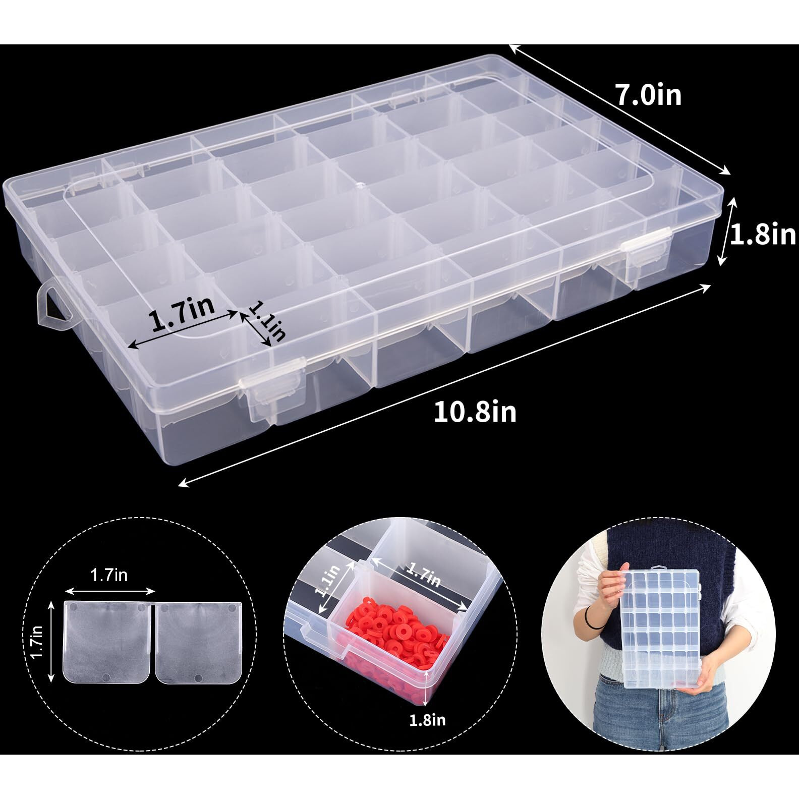 Outuxed 36 Grids Clear Plastic Organizer Box With Adjustable Compartment Dividers, Jewlery Storage Bead Organizer Rock Collection Box For Fishing Tackles Washi Tapes Threads