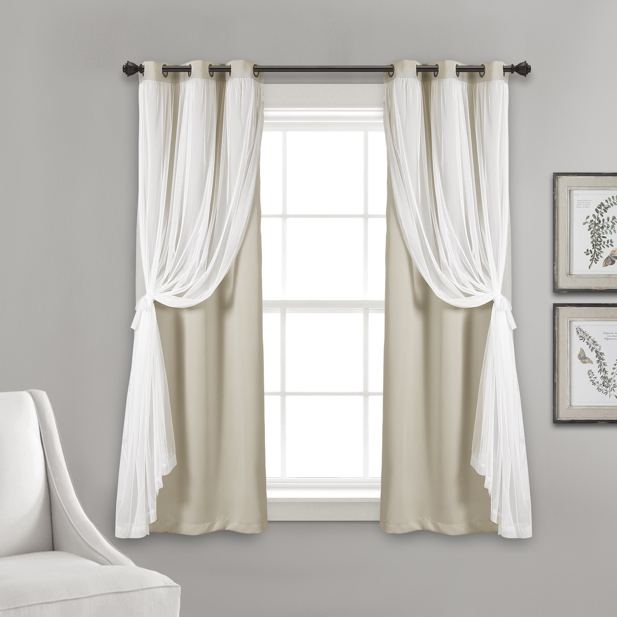 Lush Decor Sheer Grommet Curtains With Insulated Blackout Lining, Window Curtain Panels, Pair, 38"&quotW X 63"&quotL, Wheat - Curtain With Sheer Overlay, Elegant Blackout Curtains For Bedroom