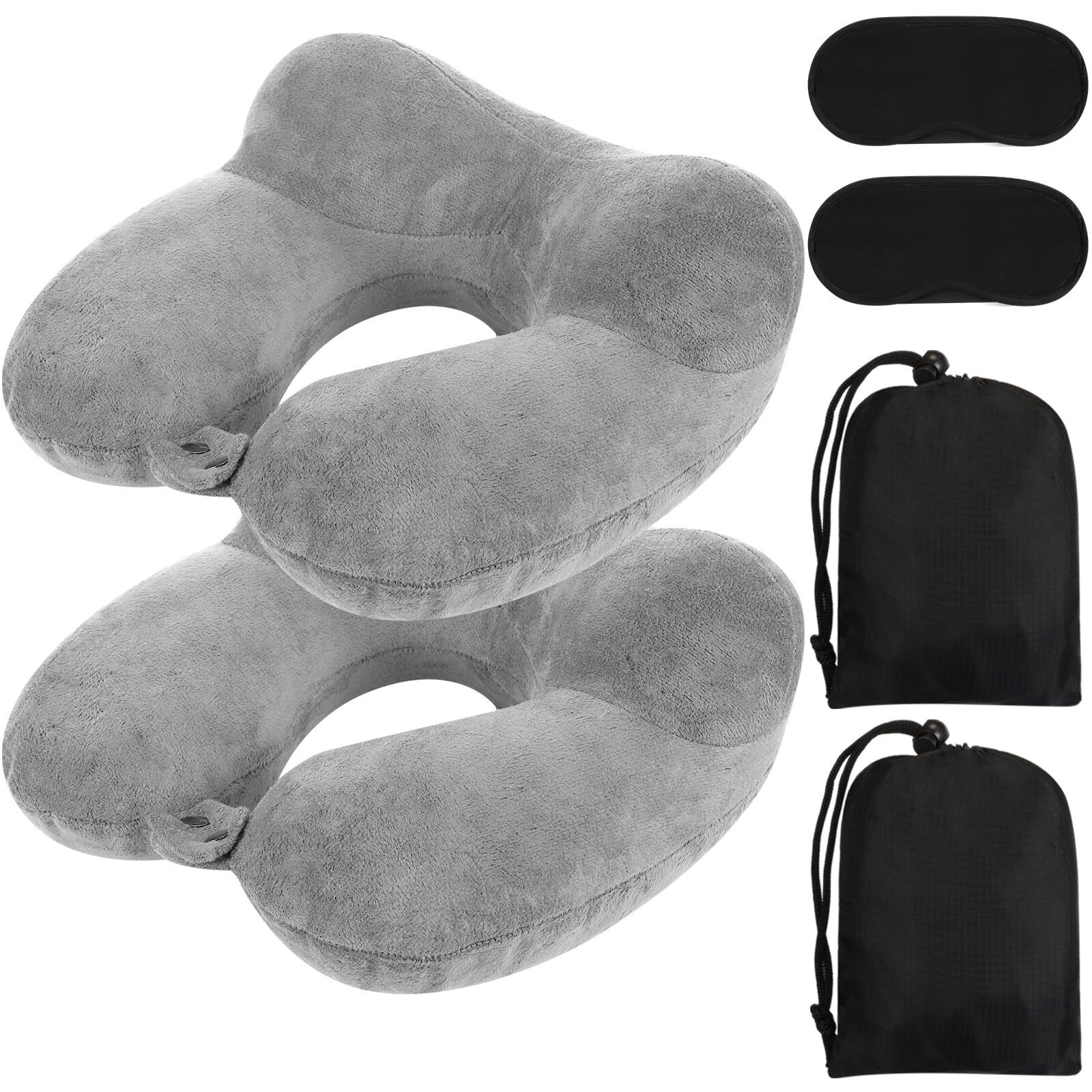 Sintuff 2 Pack Inflatable Travel Pillow For Airplanes Inflatable Neck Pillows With Compact Bag And Blindfold Soft Flight Pillow For Traveling, Airplane, Train, Car, Office(Gray)