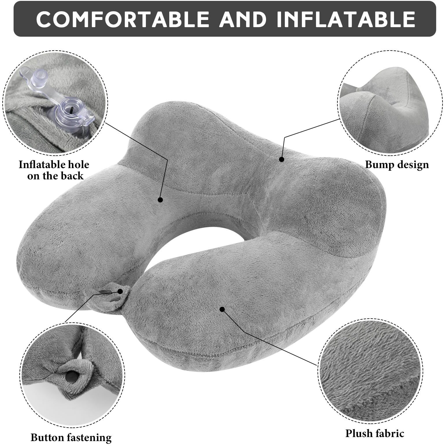 Sintuff 2 Pack Inflatable Travel Pillow For Airplanes Inflatable Neck Pillows With Compact Bag And Blindfold Soft Flight Pillow For Traveling, Airplane, Train, Car, Office(Gray)