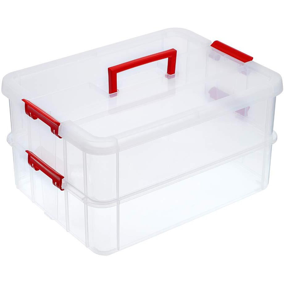 Juxyes 2-Tiers Stack Carry Storage Box With Handle, Transparent Stackable Storage Bin With Handle Lid Latching Storage Container For School & Office Supplies (Red)