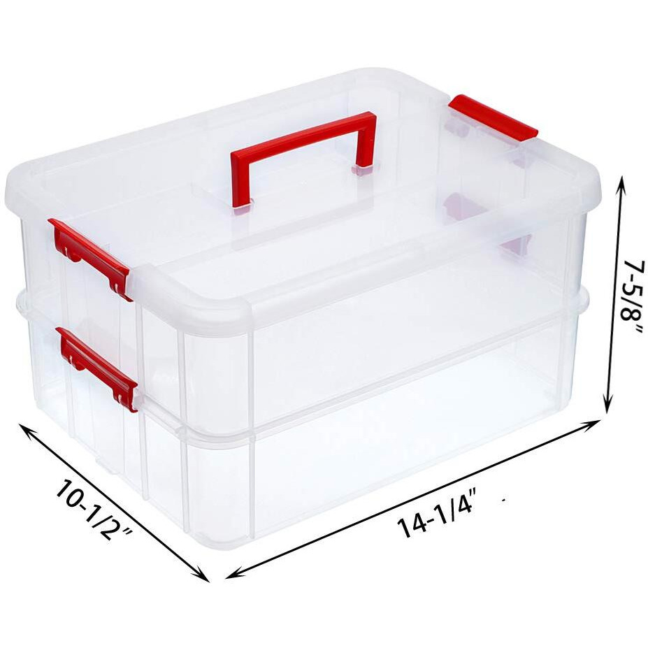 Juxyes 2-Tiers Stack Carry Storage Box With Handle, Transparent Stackable Storage Bin With Handle Lid Latching Storage Container For School & Office Supplies (Red)