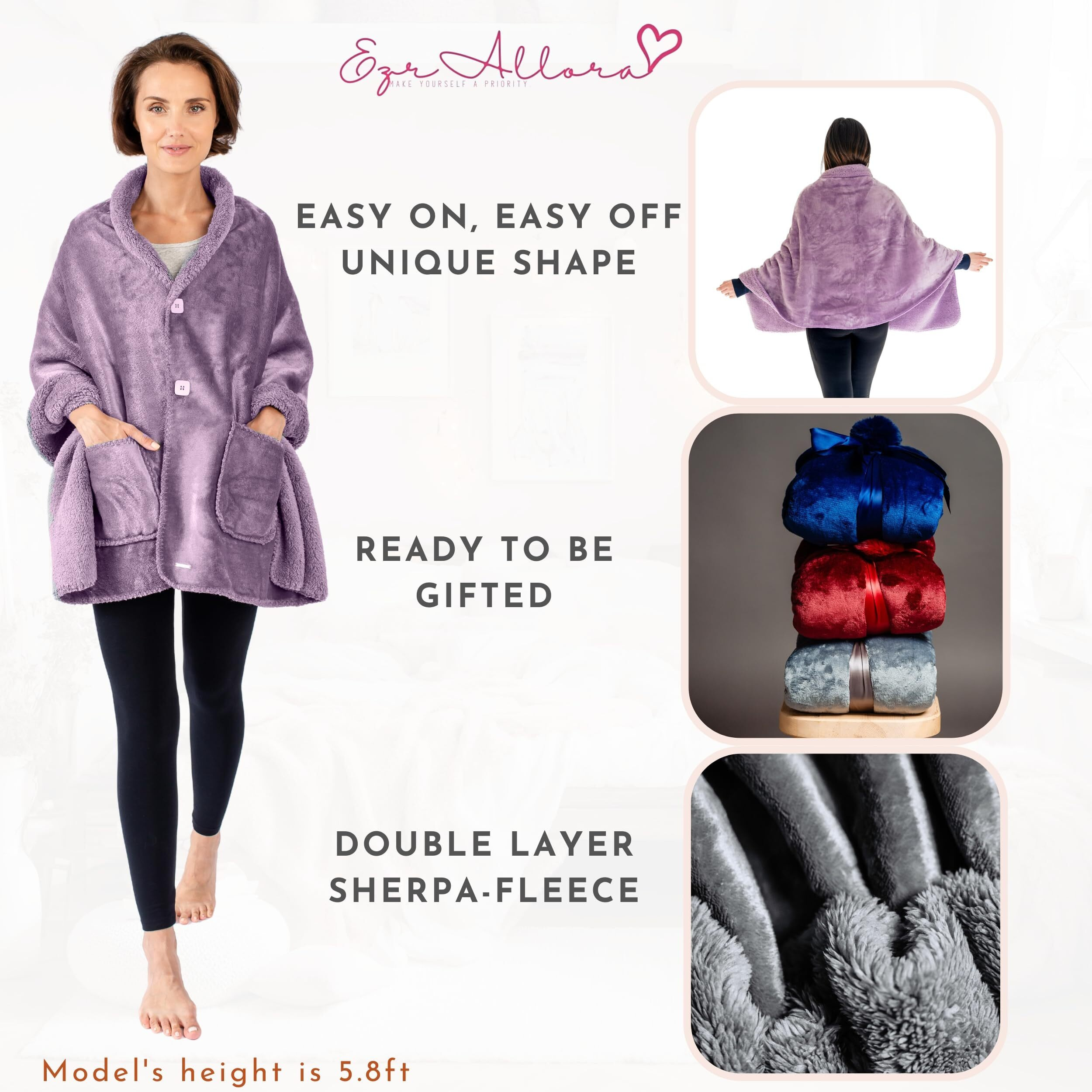Ezrallora Premium Double Layer Wearable Blanket For Women -No Sleeves- Shawl Wrap With Pockets- Mothers Day Gifts - Grandma Gifts (Velvet Lavender)