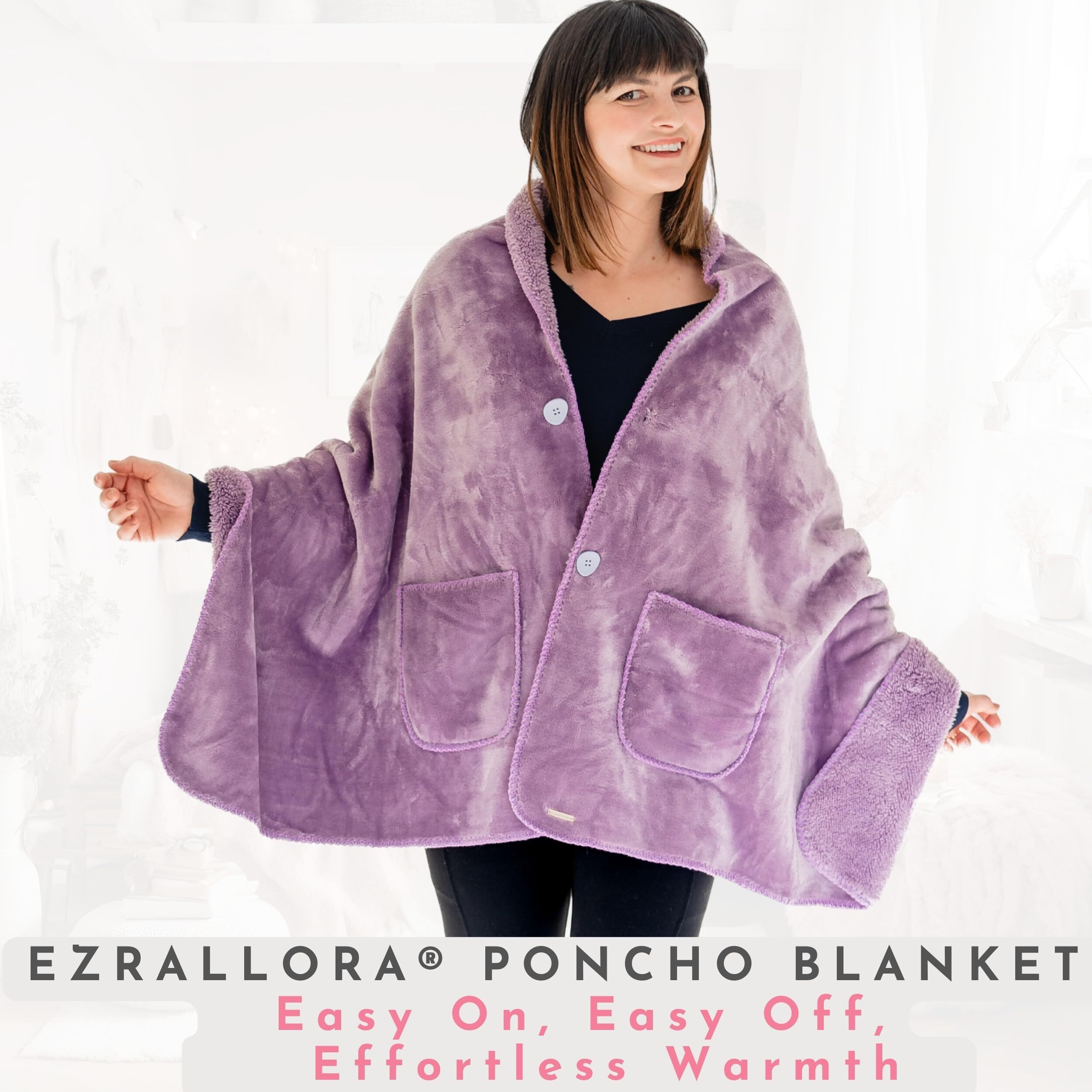 Ezrallora Premium Double Layer Wearable Blanket For Women -No Sleeves- Shawl Wrap With Pockets- Mothers Day Gifts - Grandma Gifts (Velvet Lavender)