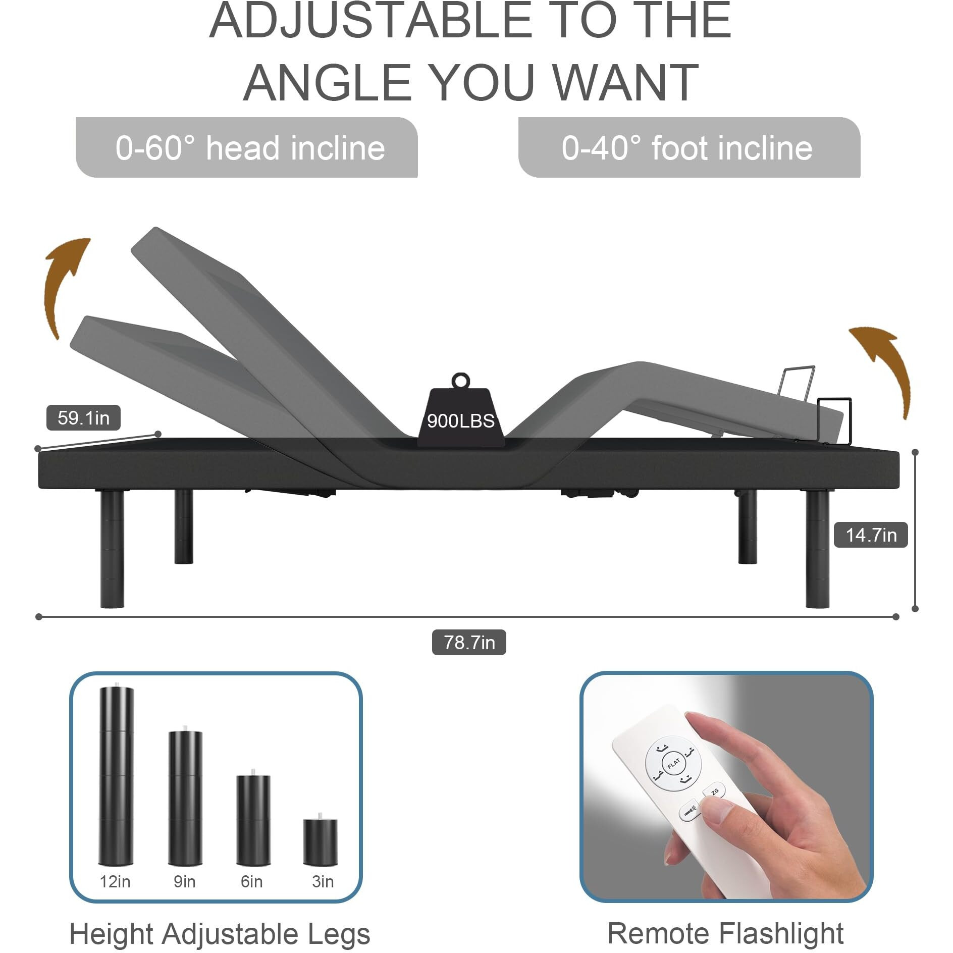 Goldoro Ergonomic Queen Size Adjustable Bed Base With Adjustable Legs, Wireless Remote Control, Whisper Quiet Durable Motor, Independent Head And Foot Incline, Fabric Covered, Edge Padded, Black
