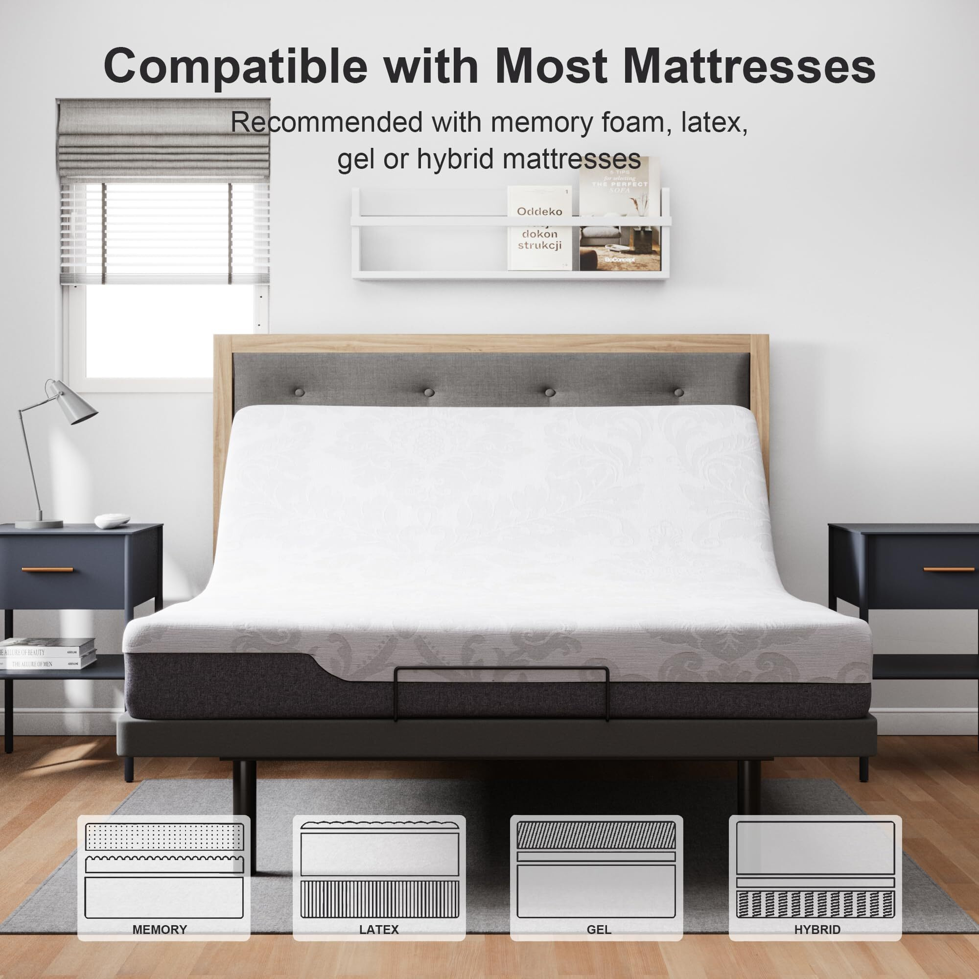 Goldoro Ergonomic Queen Size Adjustable Bed Base With Adjustable Legs, Wireless Remote Control, Whisper Quiet Durable Motor, Independent Head And Foot Incline, Fabric Covered, Edge Padded, Black