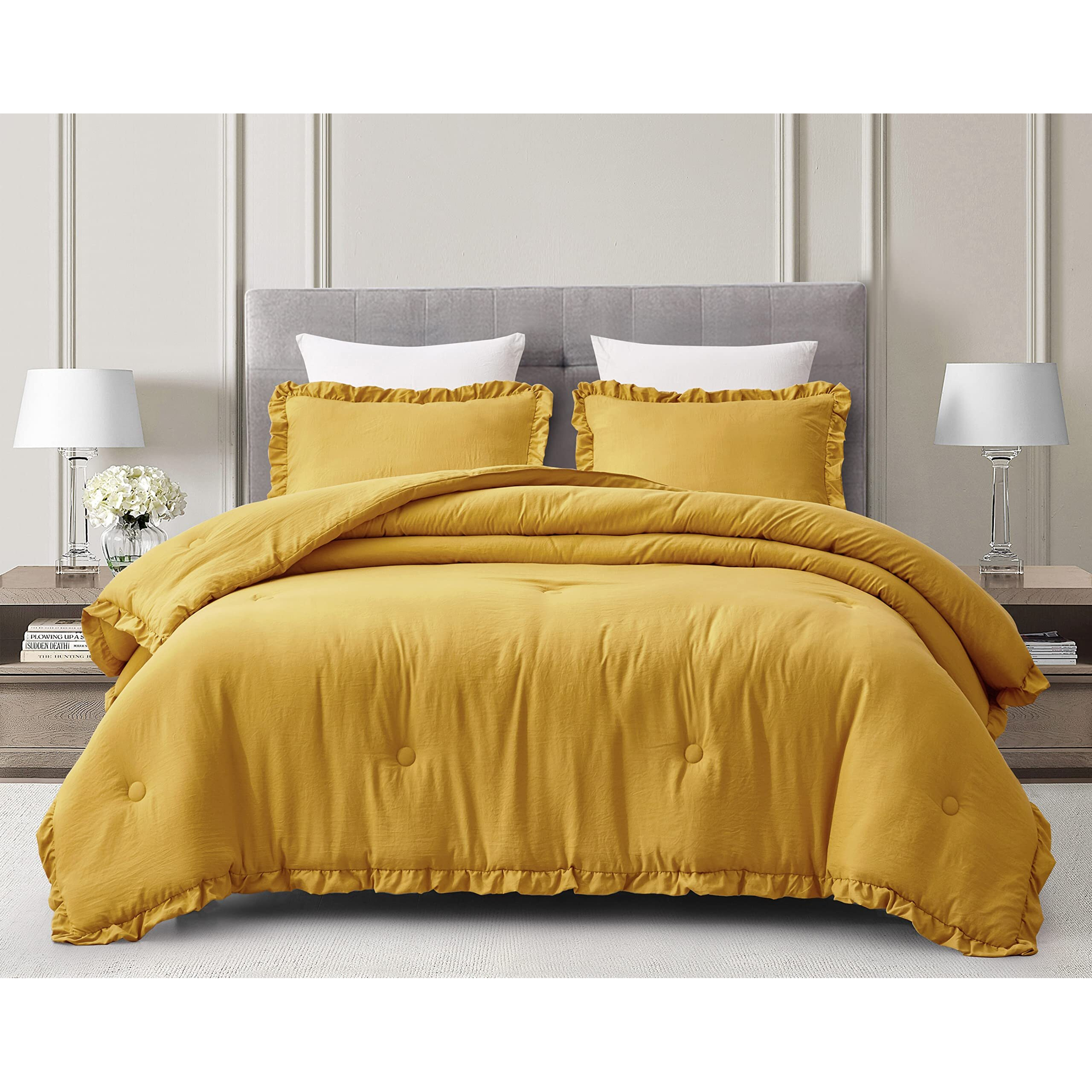 Chezmoi Collection Nora Mustard Yellow Comforter Set Queen Size 3-Piece Lightweight Fluffy Soft Lightweight Bedding Ruffled Edge Trim Stone-Washed Microfiber Comforter Set For All Season