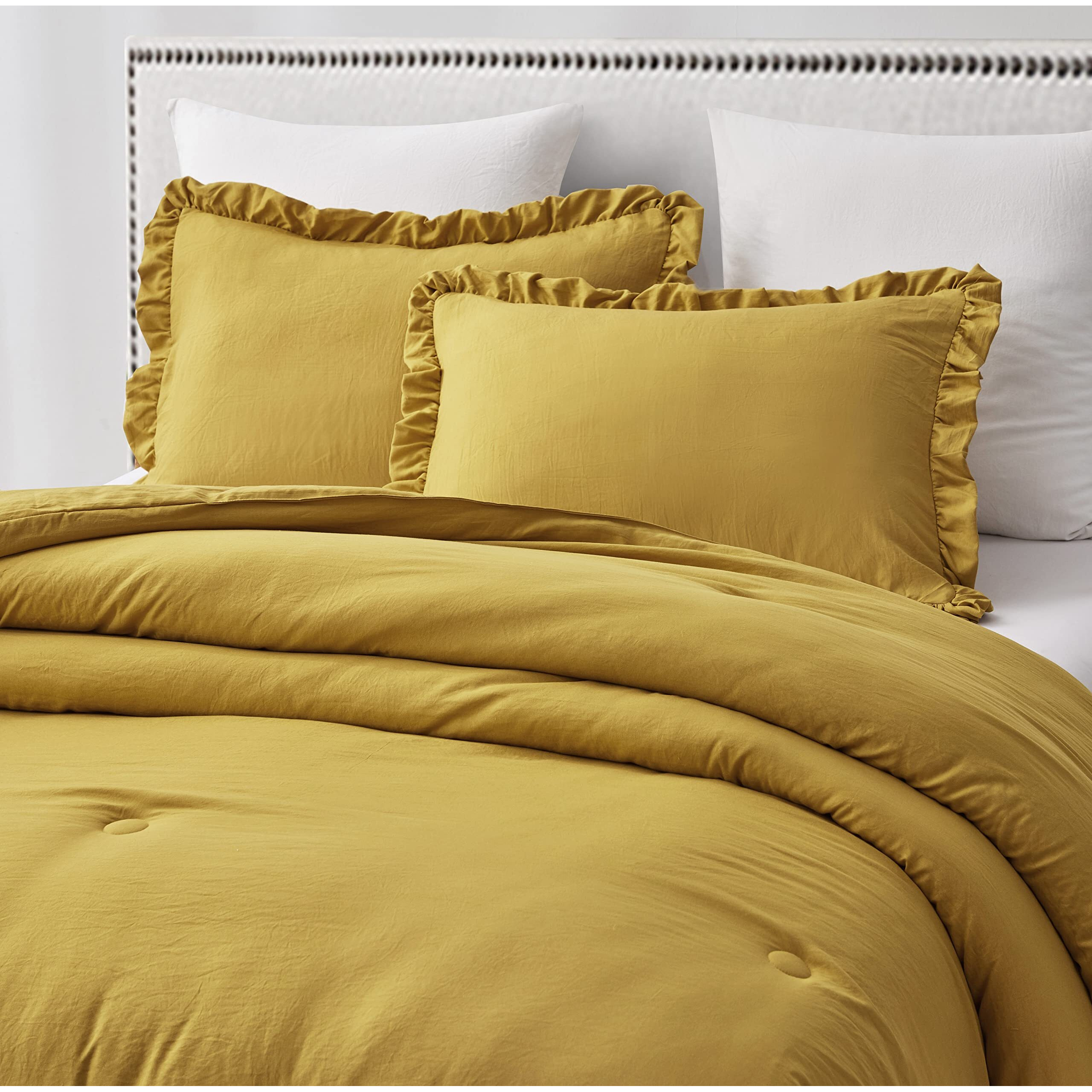 Chezmoi Collection Nora Mustard Yellow Comforter Set Queen Size 3-Piece Lightweight Fluffy Soft Lightweight Bedding Ruffled Edge Trim Stone-Washed Microfiber Comforter Set For All Season